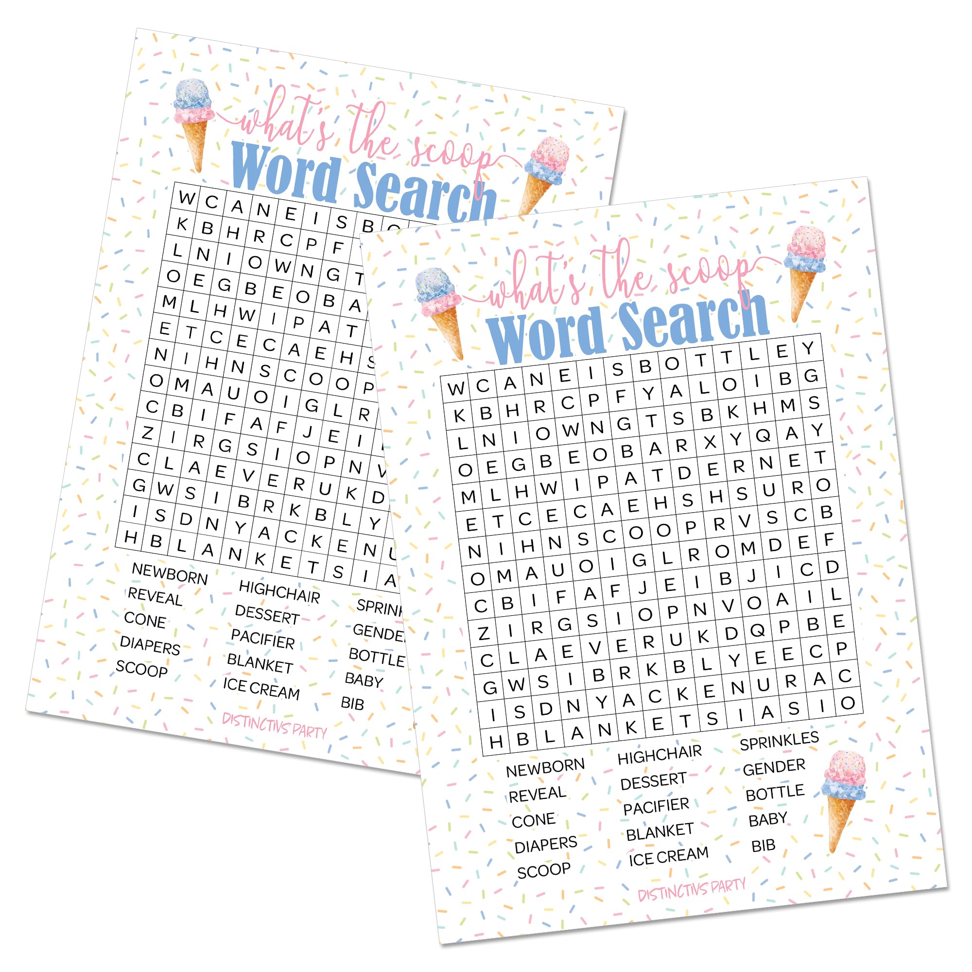 DISTINCTIVS What's The Scoop Gender Reveal Party Word Search, Here's The Scoop Ice Cream Baby Shower Game - 20 Player Cards
