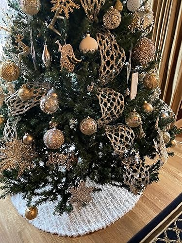 Miniatura 7 de Falda de árbol de Navidad dorada de 48 pulgadas, falda de árbol de Navidad blanca suave y dorada de 48 pulgadas, falda de árbol de Navidad de piel