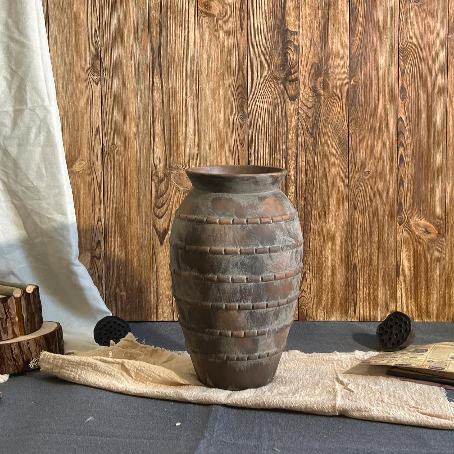 Farmhouse Decor Brown Ceramic Vase, 12 Inch Rustic Pottery Vase for Living Room & Table Centerpieces, Handmade Flower Vases for Rustic Mantel & Home Decor