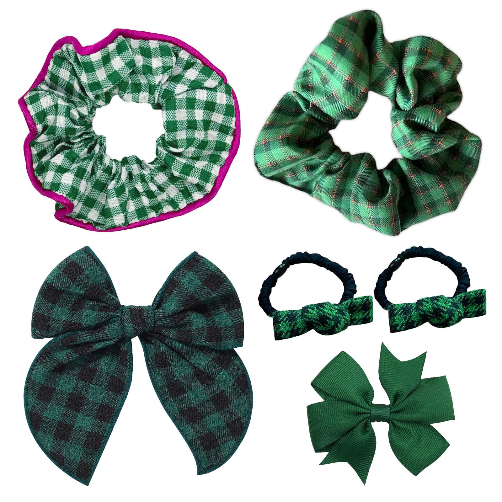 Green Hair Bow Scrunchies Set, 6 Pieces Hair Clips Accessories Kit, Elastic Hair Ties Ropes, Bowknot Hair Barrettes, Pins