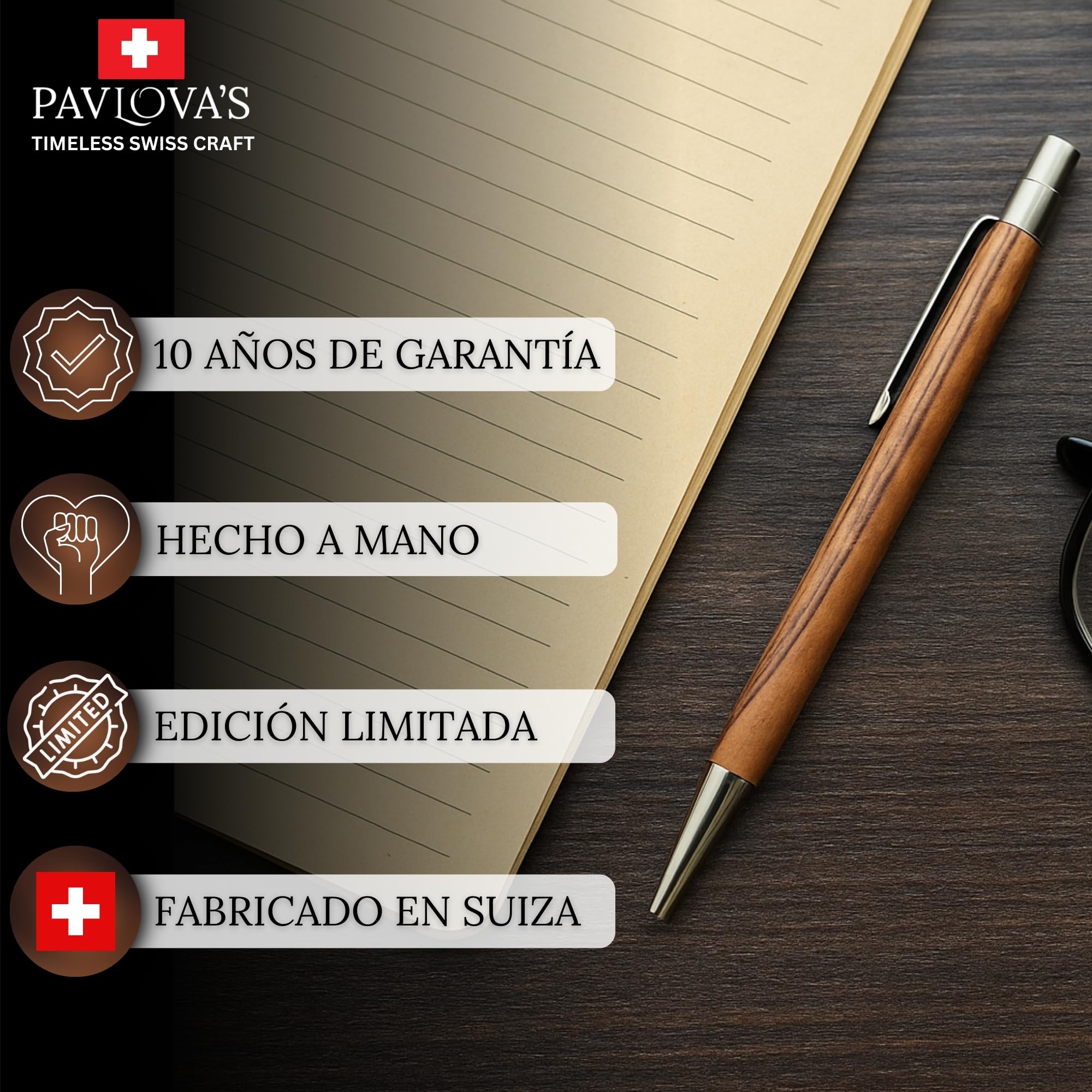 PAVLOVA’S Bolígrafo Nogal Suizo 14cm – Hecho a mano en Suiza – Madera maciza y núcleo de acero – Clic suave – Tinta Negra y Recambio Azul – Estuche regalo – 10 años garantía – EDICIÓN LIMITADA