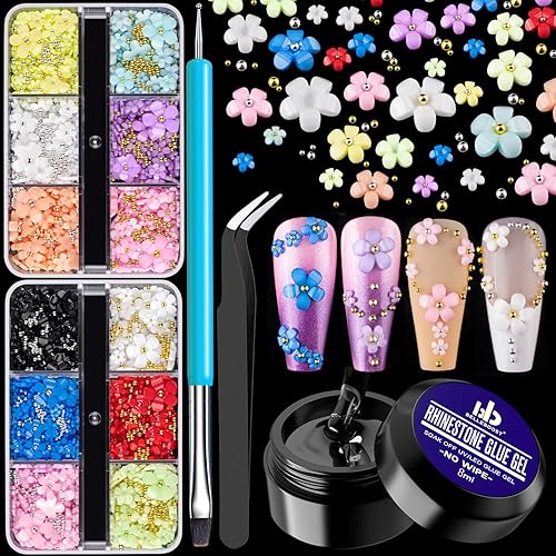 Juego de flores 3D para uñas de arte colorido 5 con cuentas de caviar kit de cristal de diamantes de imitación de flores perlas tachuelas acrílicas