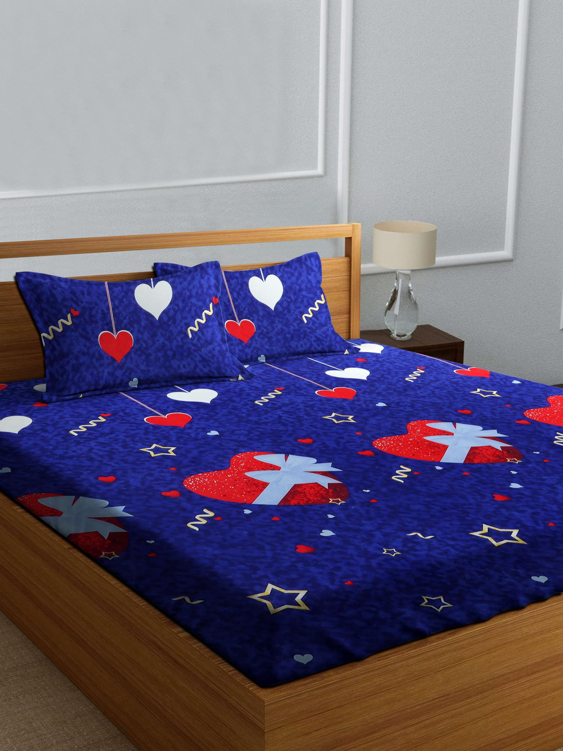 DECORUM Double Bedsheet in Navy Blue with Red & White Heart Print | 228 x 220 cm Cotton Blend Bed Sheet with 2 Pillow Covers | Romantic Gift Theme Bedsheet for Bedroom Décor | Soft & Durable Fabric