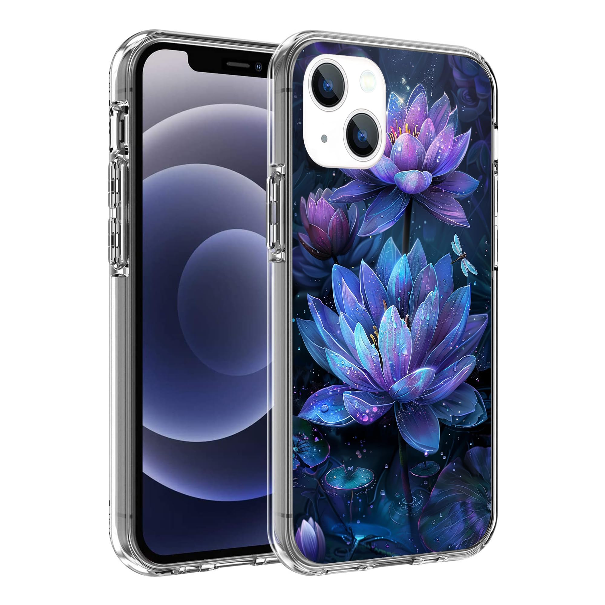 SHDYQXSB Compatible with iPhone 14 Case, Beautiful Egyptian Blue Water Lilies Blue Dragonfly Slim Soft TPU Shockproof Protection Clear Case