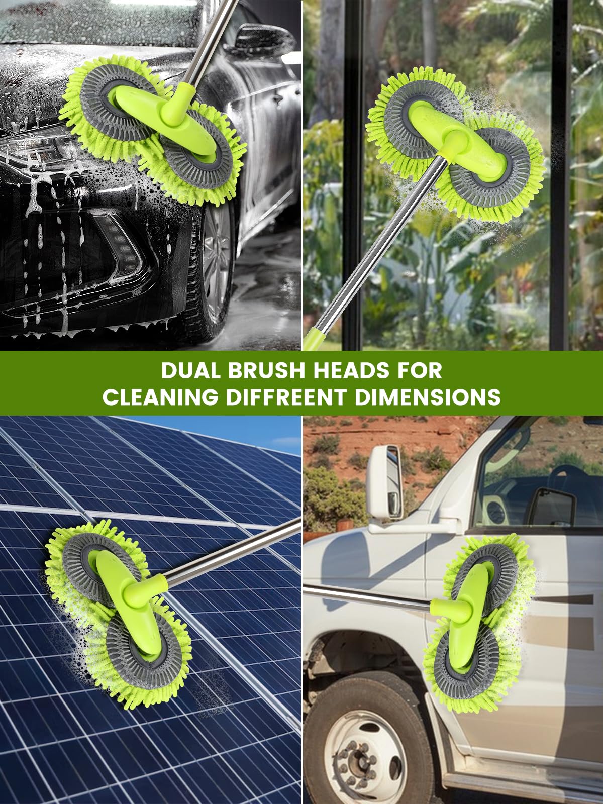 47"Dual Head Rotatable Car Wash Brush 3 Sections 120cm Chenille Soft Bristles Cleaning Detail Brush Suitable for Clean Uneven Surfaces SUV Van RV Caravan Roof Engine Hood Home Window
