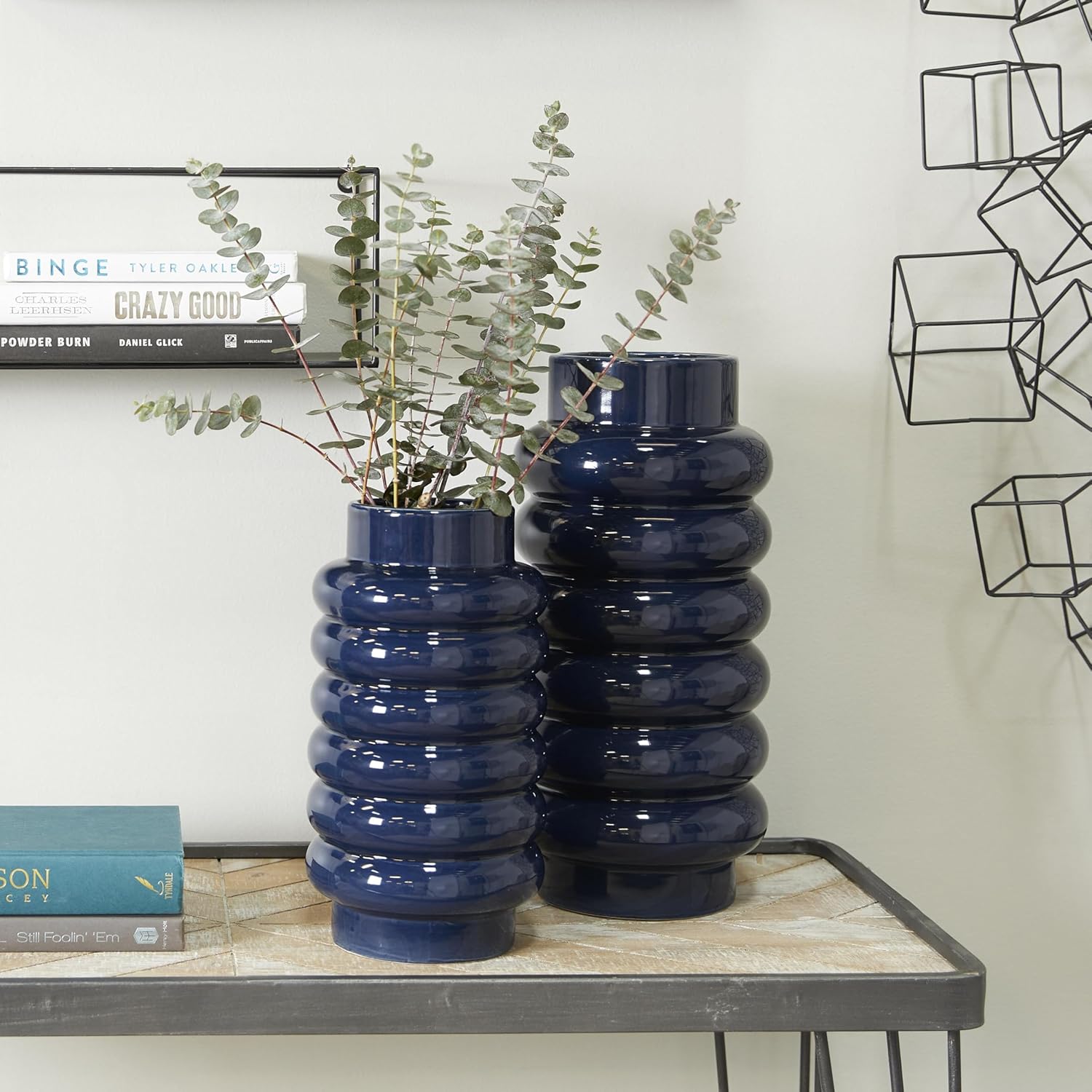 CosmoLiving by Cosmopolitan Ceramic Decorative Vase Centerpiece Vases with Stacked Ring Design, Set of 2 Flower Vases for Home Decoration 16", 12"H, Dark Blue