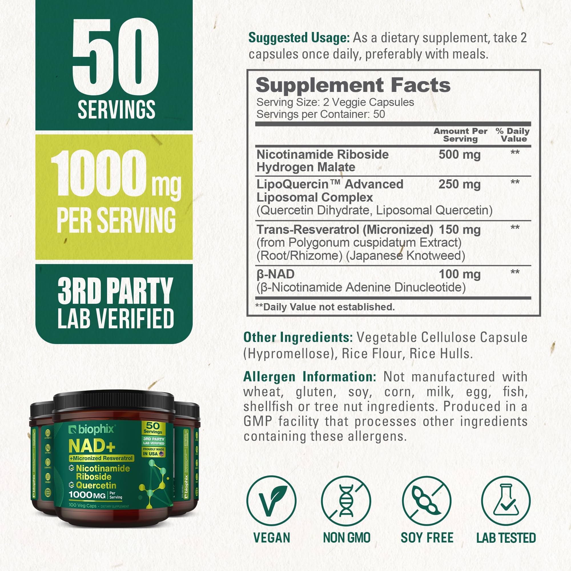 biophix NAD+ Liposomal Supplement for Women & Men - 1000 mg per Serving - Nicotinamide Riboside, Micronized Resveratrol & Quercetin Complex - 100 Veg Capsules Gluten-Free, cGMP Certified — Amazon image 5