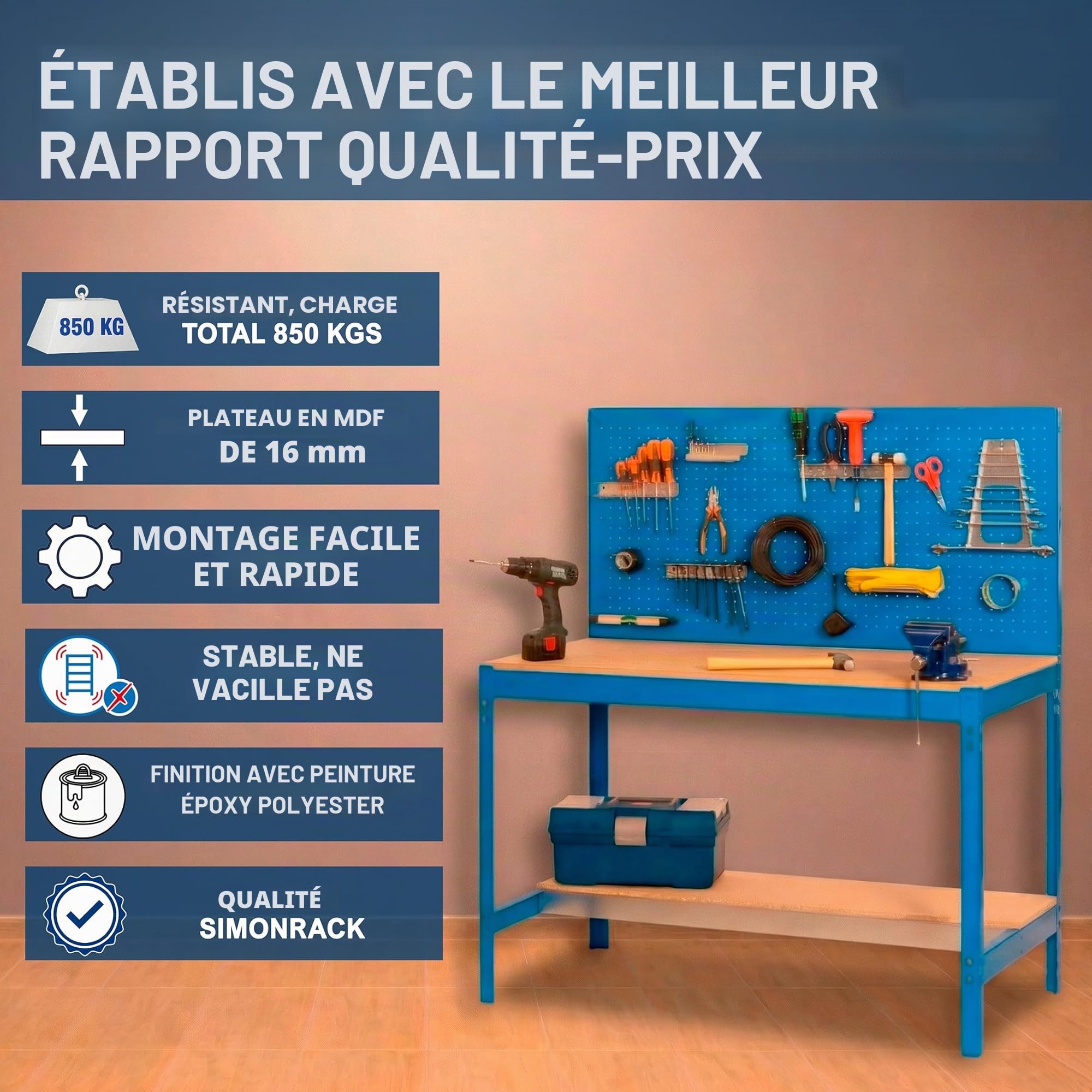 SimonRack Etabli d’Atelier, Capacité de Charge 400 kg, 1445x910x610 mm, Panneau Perforé, Table de Travail Bricolage, Anthracite/Bois - BT2