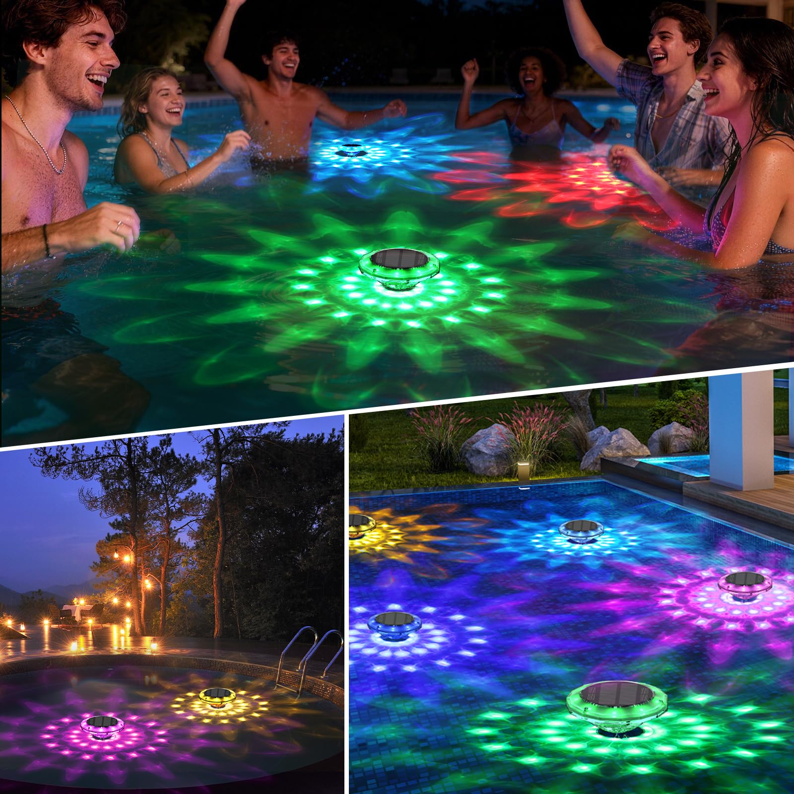 Quntis Luz Solar Piscina Flotante 15cm con Mando a Distancia, Luz LED Piscina Exterior 360°, IP68 Impermeable, 12 Modos RGB, Temporizador, Lámpara Solar Flotante para Piscina, Estanque, Jardín