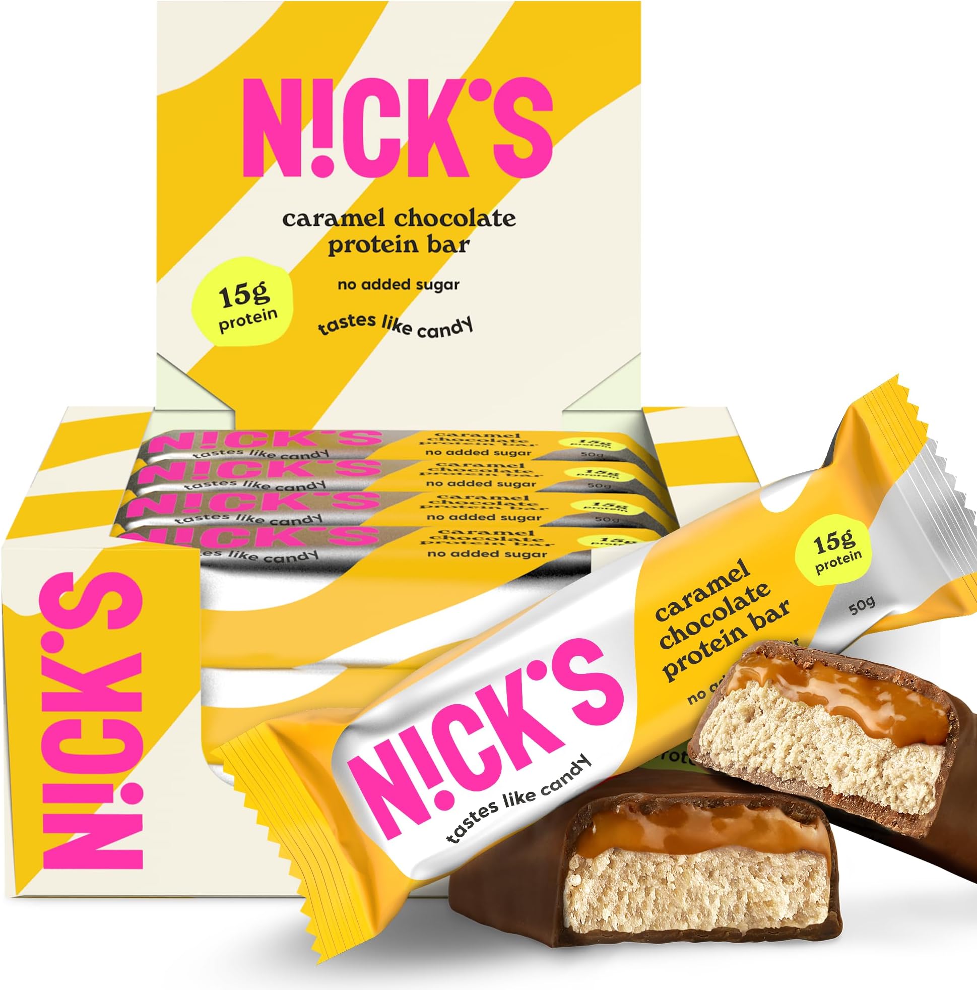 – NICKS Keto Protein Bar Caramel Chocolate, 15 g Protein, 190 Calories, Low Carb Snacks No Added Sugar Gluten Free (12 x 50 g)