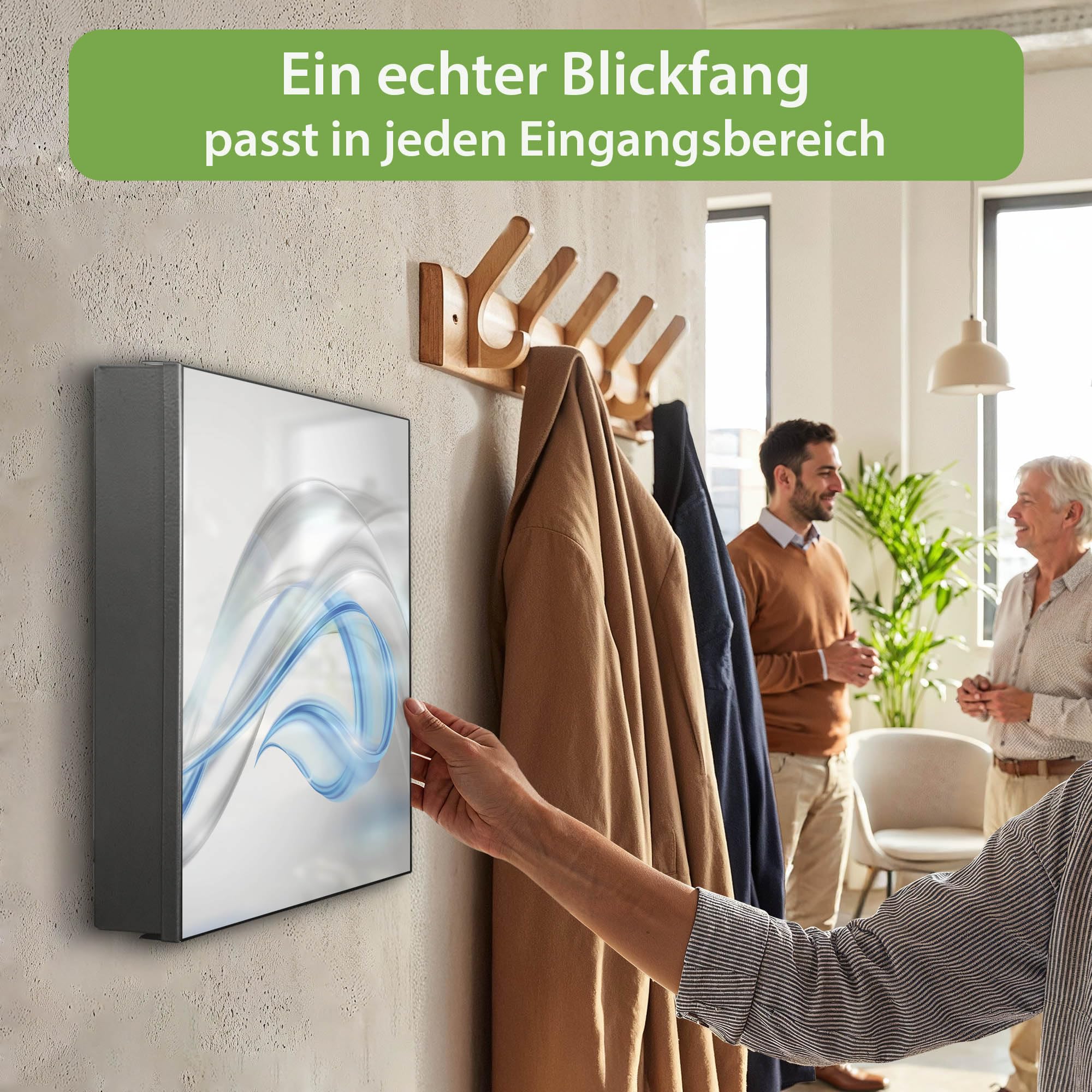 banjado Großer Schlüsselkasten Metall - Schlüsselbox 30x30cm beschreibbarer mit 32 Haken - Schlüsselkasten modern für Schlüsselaufbewahrung - Korpus Schwarz Scharnier Rechts - Motiv Blauer Schleier