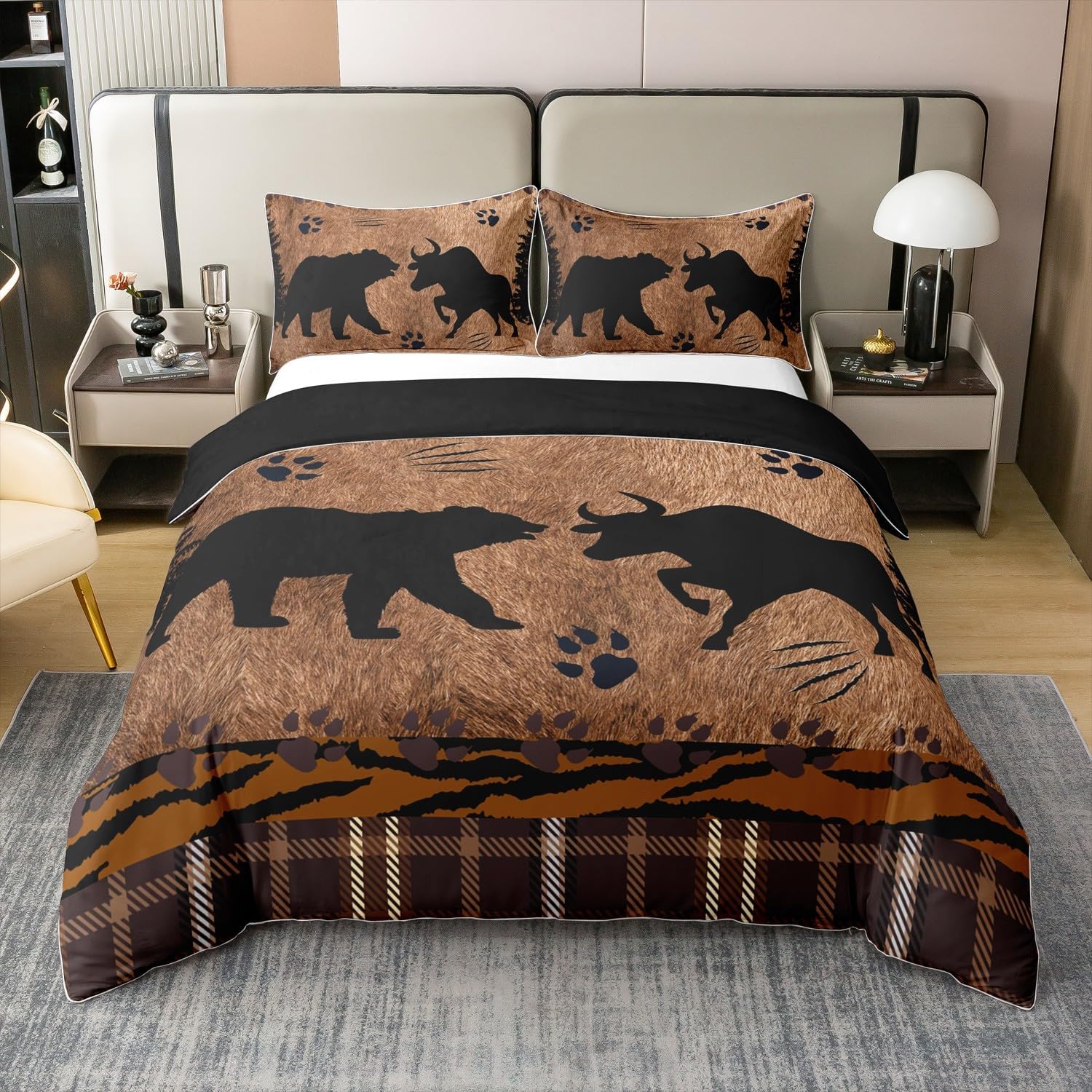 Manfei 100% Cotton Bear and Bull Silhouette Duvet Cover,Nature Wild Animal Fight Comforter Cover(No Filler),Geometric Neon Red Plaids Heart Waves Patchwork Decorative Quilt Cover,3Pcs Full Size