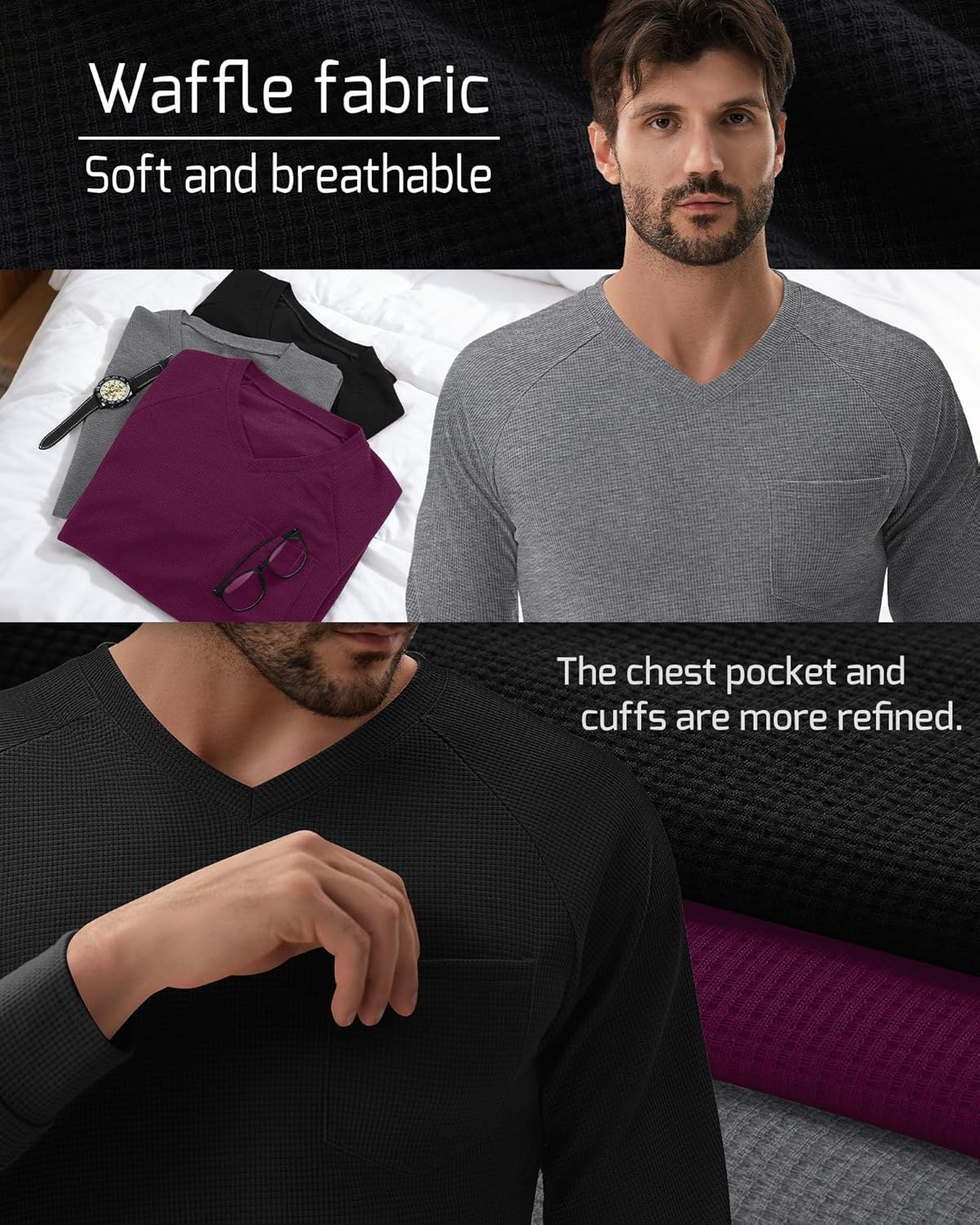3 Pack Men's Waffle Shirts Long Sleeve V Neck Raglan Sleeve Knit Tops Casual Thermal Undershirts with Pocket Regular - Image 4