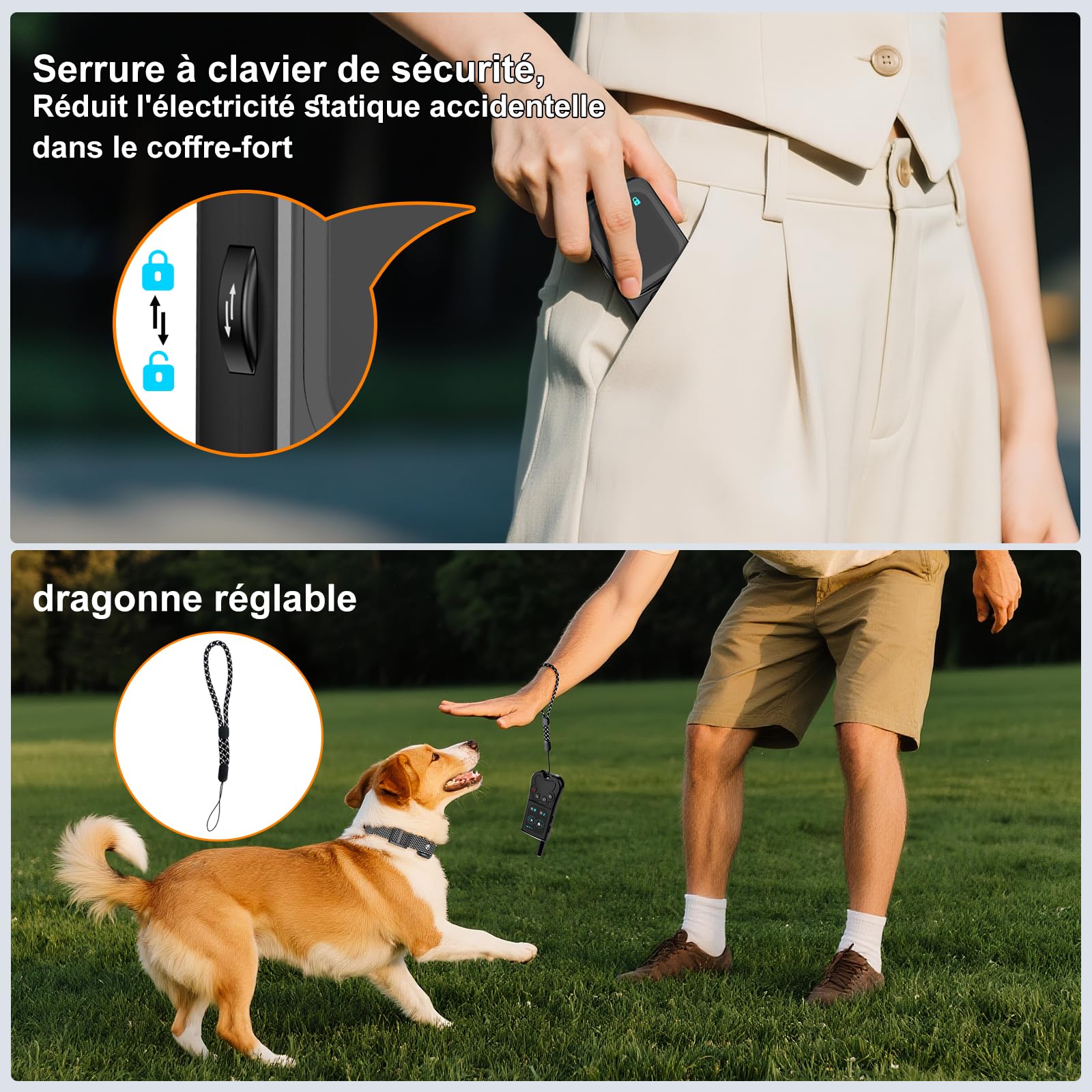 Collier de Dressage pour Chien, Collier Electrique pour IPX7 Résistant à L’Eau, 4 Modes de Dressage (Lumière, Bip, Vibration, Choc) avec Verrouillage de Sécurité, pour 1 Chien（Black）