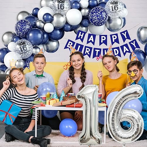 Miniatura 4 de Decoraciones de cumpleaños número 16 para niños, globos azules y plateados, kit de arco de guirnalda con número de papel de aluminio, globo de