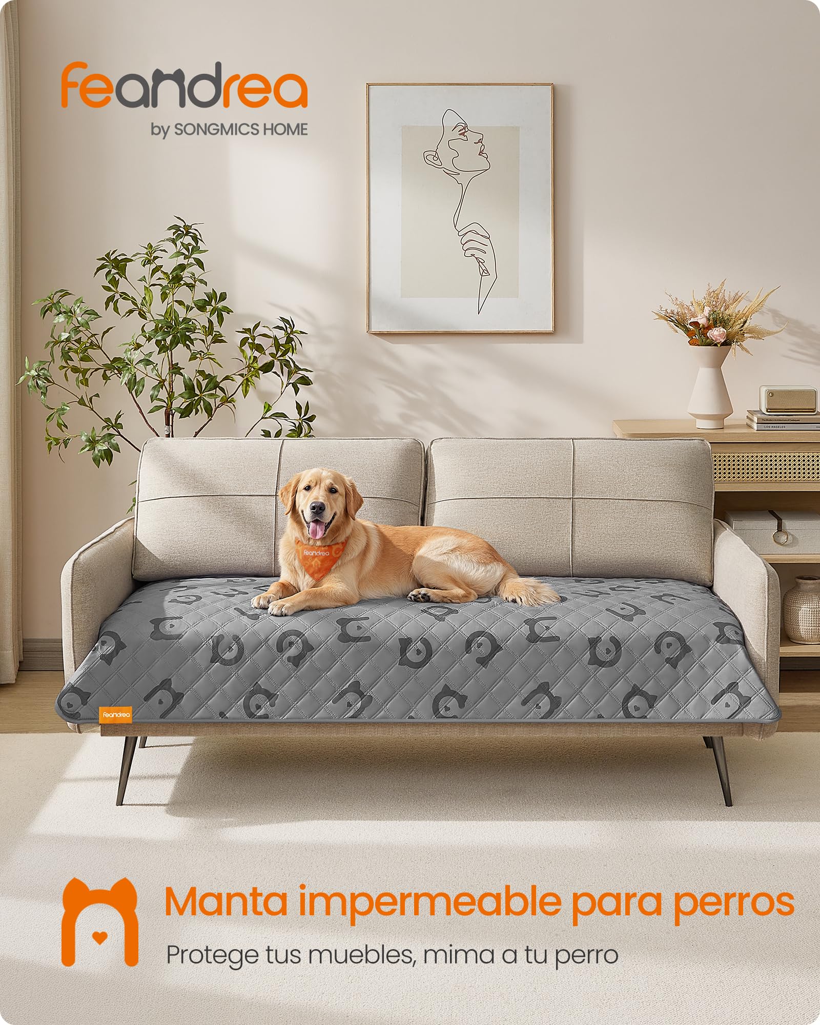 Feandrea Manta Impermeable para Perros Grandes, 178 x 76 cm, Funda Lavable a Máquina para Sofá, para Mascotas, Antideslizante, Acolchada, Gris Paloma PPB025G01