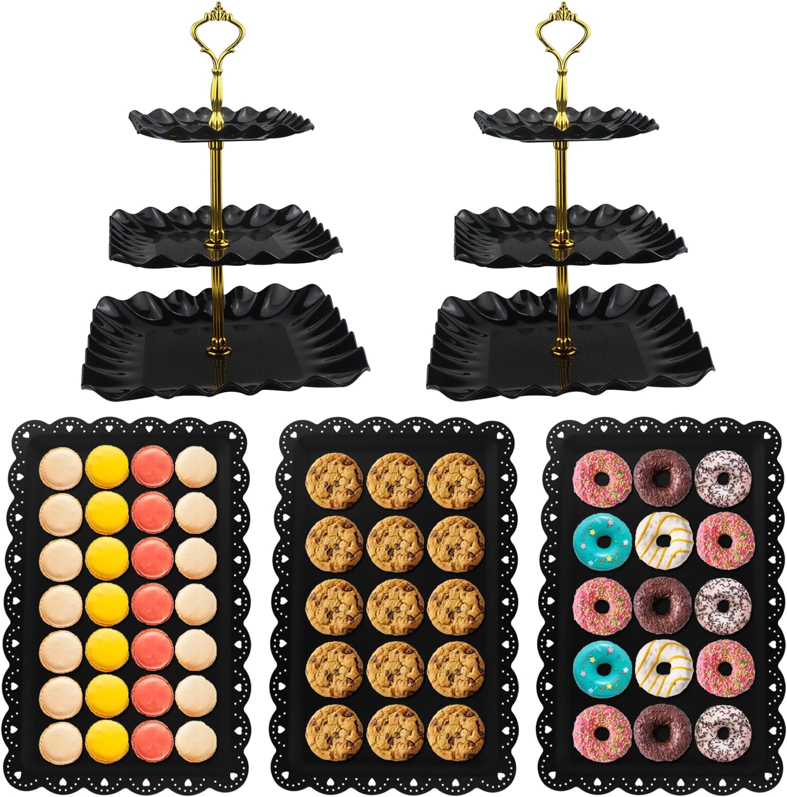 5 Pcs Dessert Table Display Set, Cup Cake Stands Set with 2X Cupcake Tier Stand Holder & 3X Appetizer Serving Trays Combo for Birthday Wedding Tea Party Baby Shower (Black, Wave Square)
