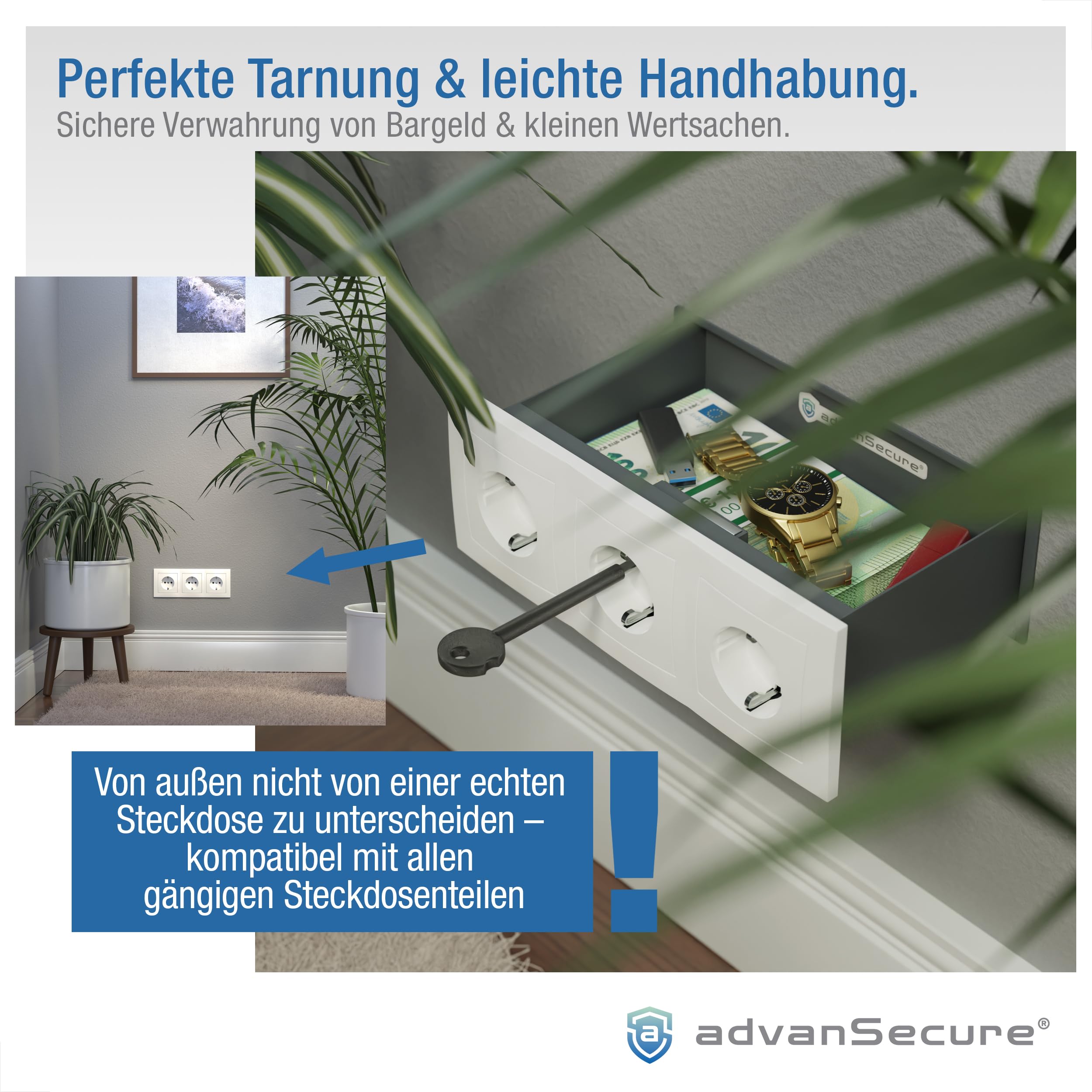 Steckdosen-Tresor | Wandsafe mit austauschbarer 3er-Steckdosen-Attrappe zur sicheren Tarnung | Spezialschloss | innovativer Edelstahl-Safe | perfektes Versteck | deutsche Entwicklung