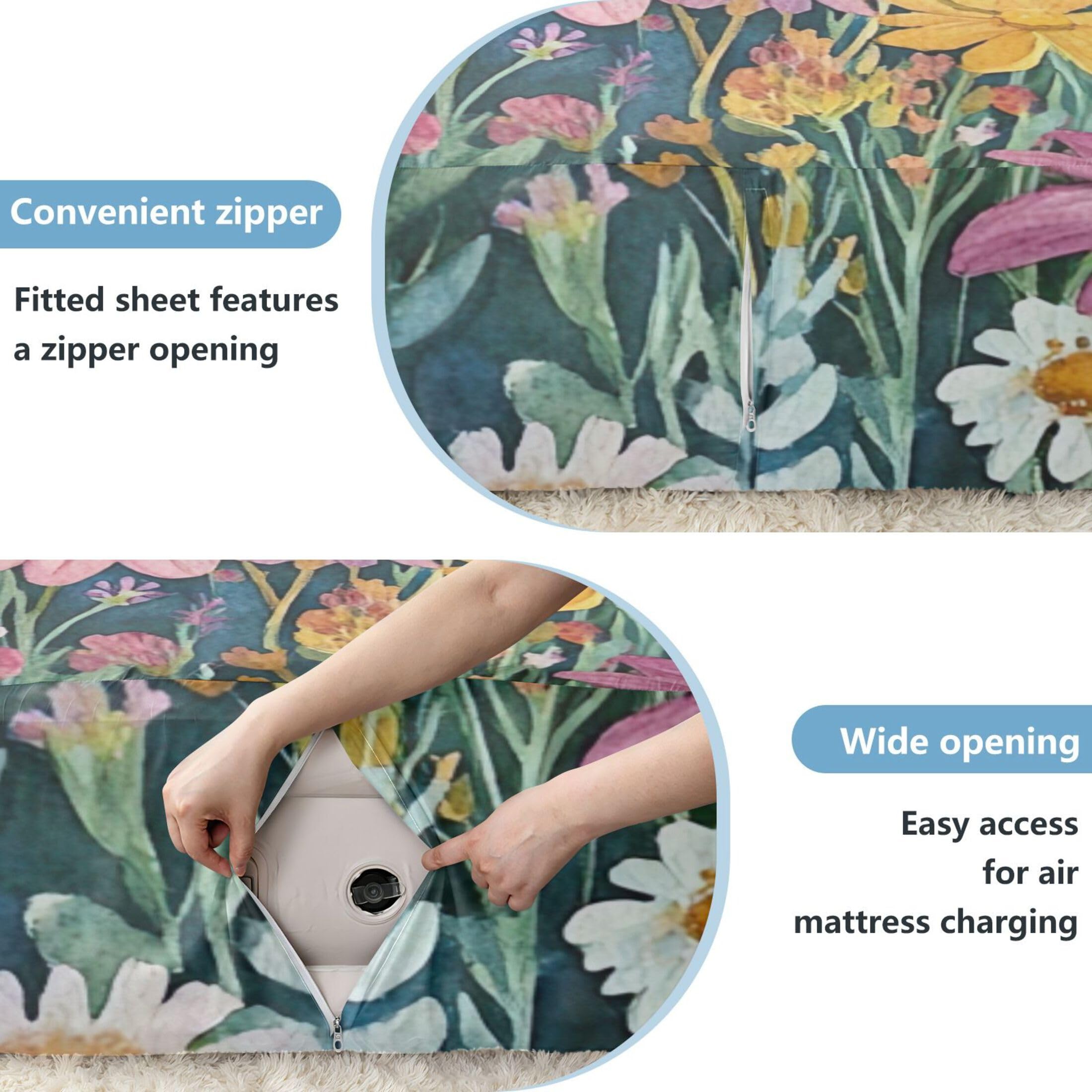 Sábana bajera individual con flores silvestres con montañas para colchón de aire, bolsillo extra profundo de 24 pulgadas, funda suave y transpirable con apertura de válvula de cremallera para