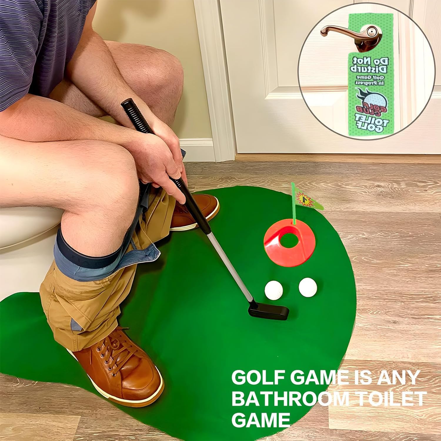 Kiuiom Funny Potty Putter,Mini-Golf para Baño,Juegos de Golf para Inodoro,WC Juego de Golf con Palo,2 Pelotas y Colgador para Puerta,Un Regalo Divertido para el Inodoro Que es Adecuado para Regalar