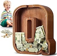 Vista 29 de SummiDate Alcancía de madera de letra para niños y niñas, Alfabeto, regalo de cumpleaños para niños (W)