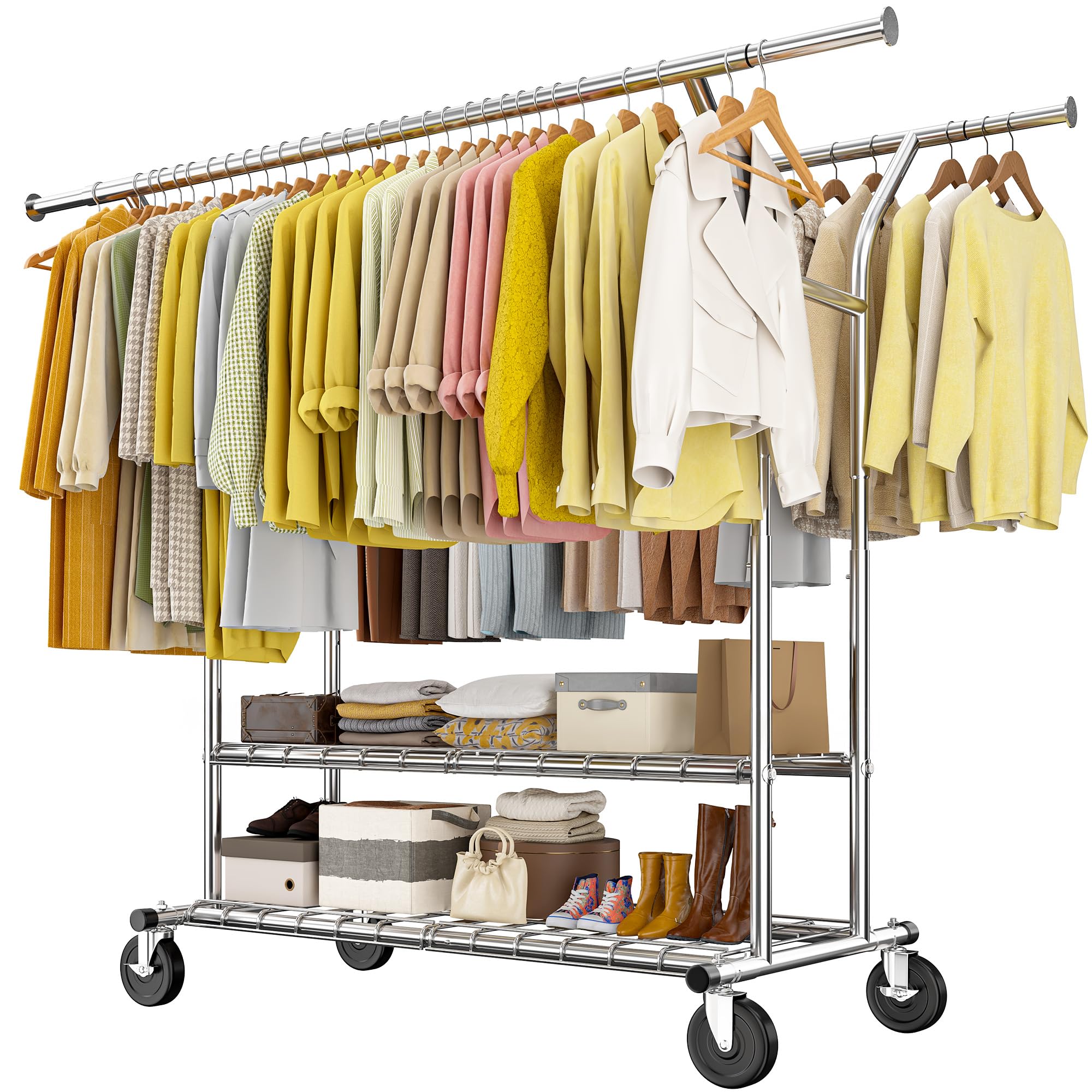 Raybee 74" W Heavy Duty Clothes Rack, Double Rods Clothing Rack Load 630 LBS, Rolling Clothes Racks for Hanging Clothes 400+, Garment Rack for Bedroom, Laundry Room, Retail Store