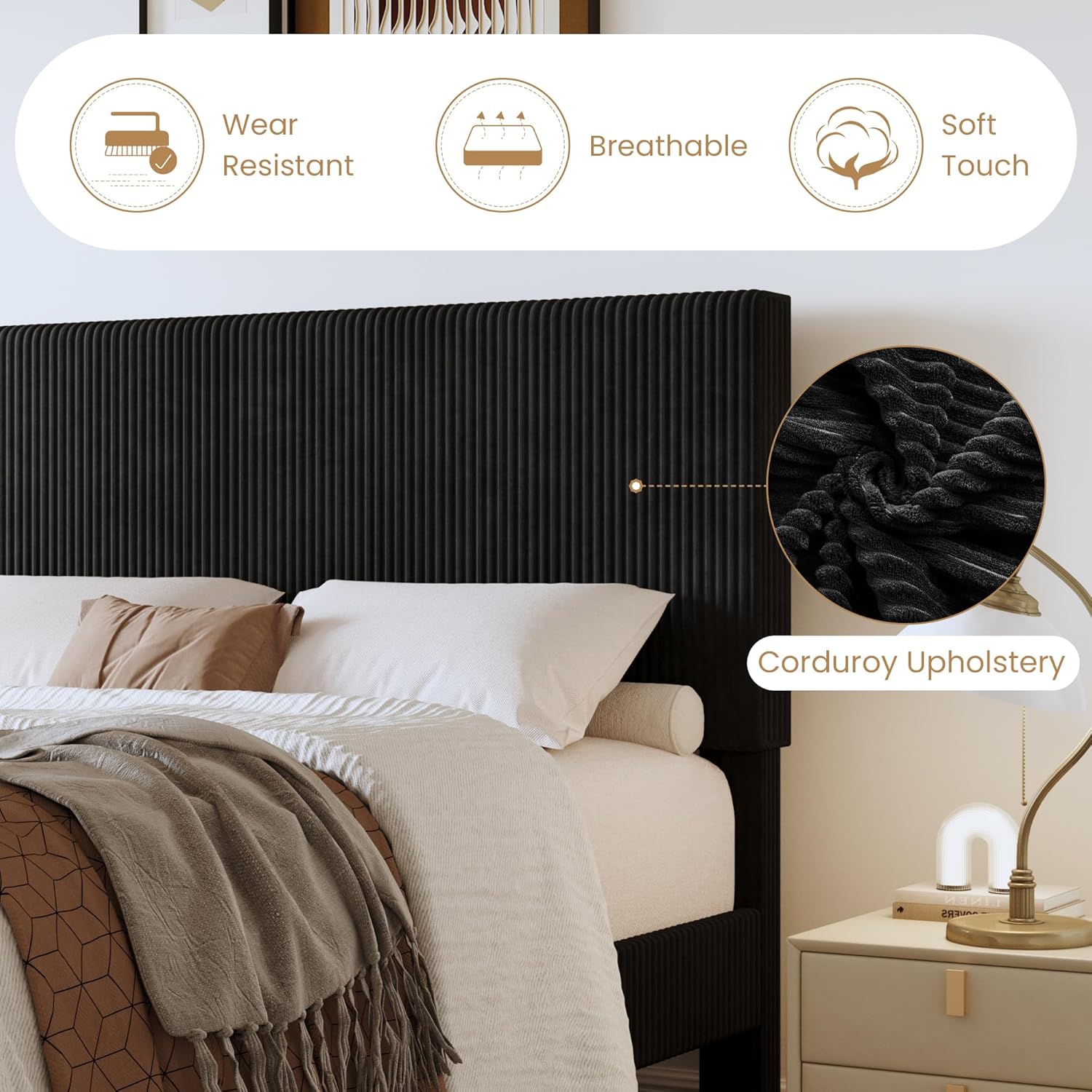 SHA CERLIN Full Bed Frame, Velvet Platform Bed Frame with Vertical Channel Tufted Headboard, Upholstered Corduroy, Strong Wooden Slats, No Box Spring Needed, Easy Assembly, Black