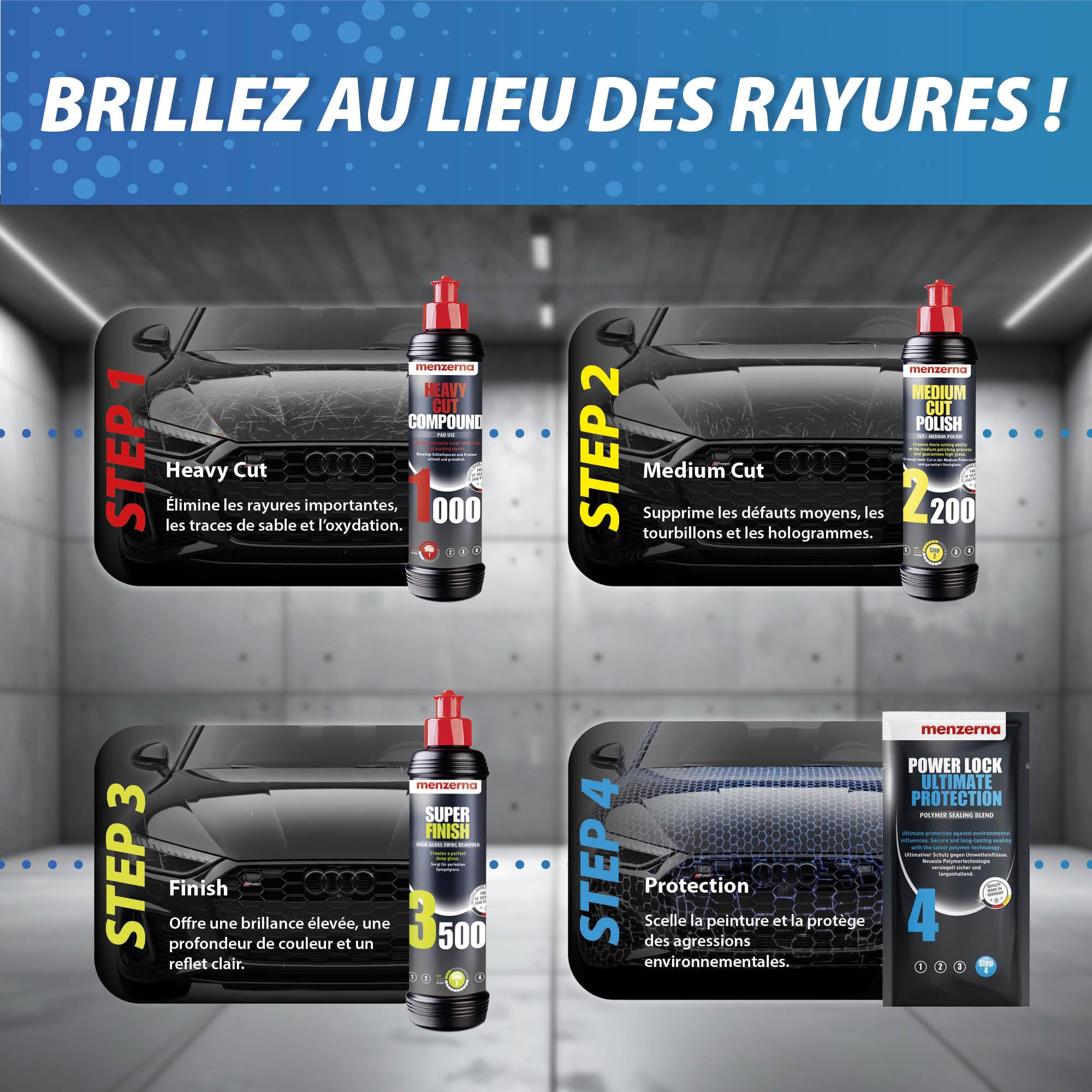 Menzerna Kit de Polissage pour Voiture : Menzerna Heavy Cut Compound 1000 + Medium Cut Compound 2200 + Super Finish 3500 + Power Lock Sachet 20ml + 4X Chiffon Microfibre 40x40cm