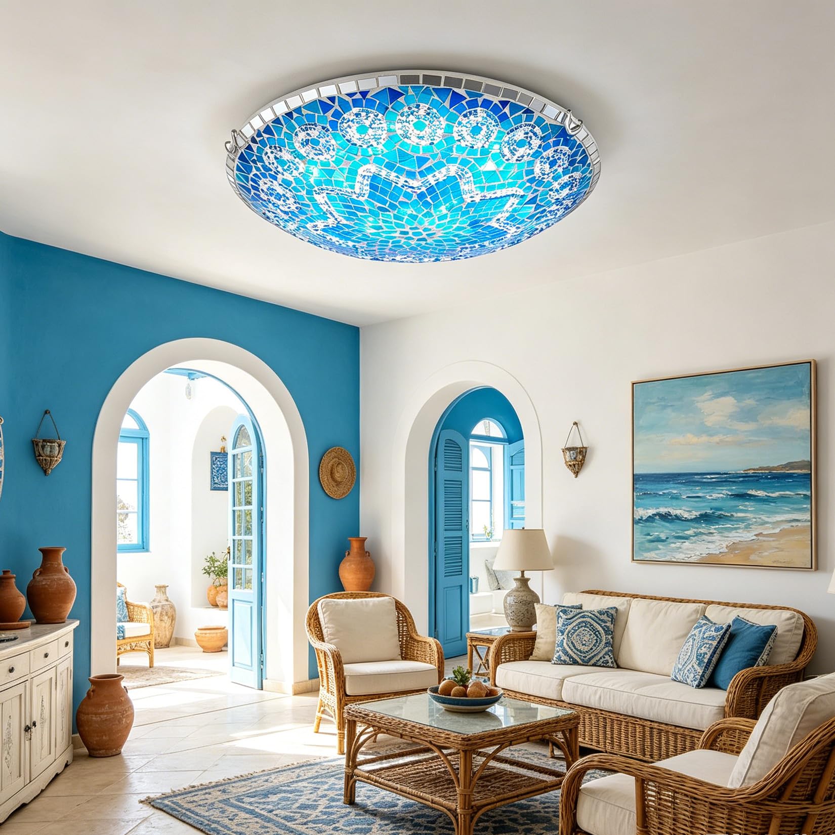 Yjmgrowing Mediterranean Blue Flush Mount Ceiling Light Handmade Turkish Mosaic Ceiling Lamp Bohemian Glass Light Fixture for Bedroom Hallway Entryway Dining Room Balcony Coastal Decor E26/E27,20inch