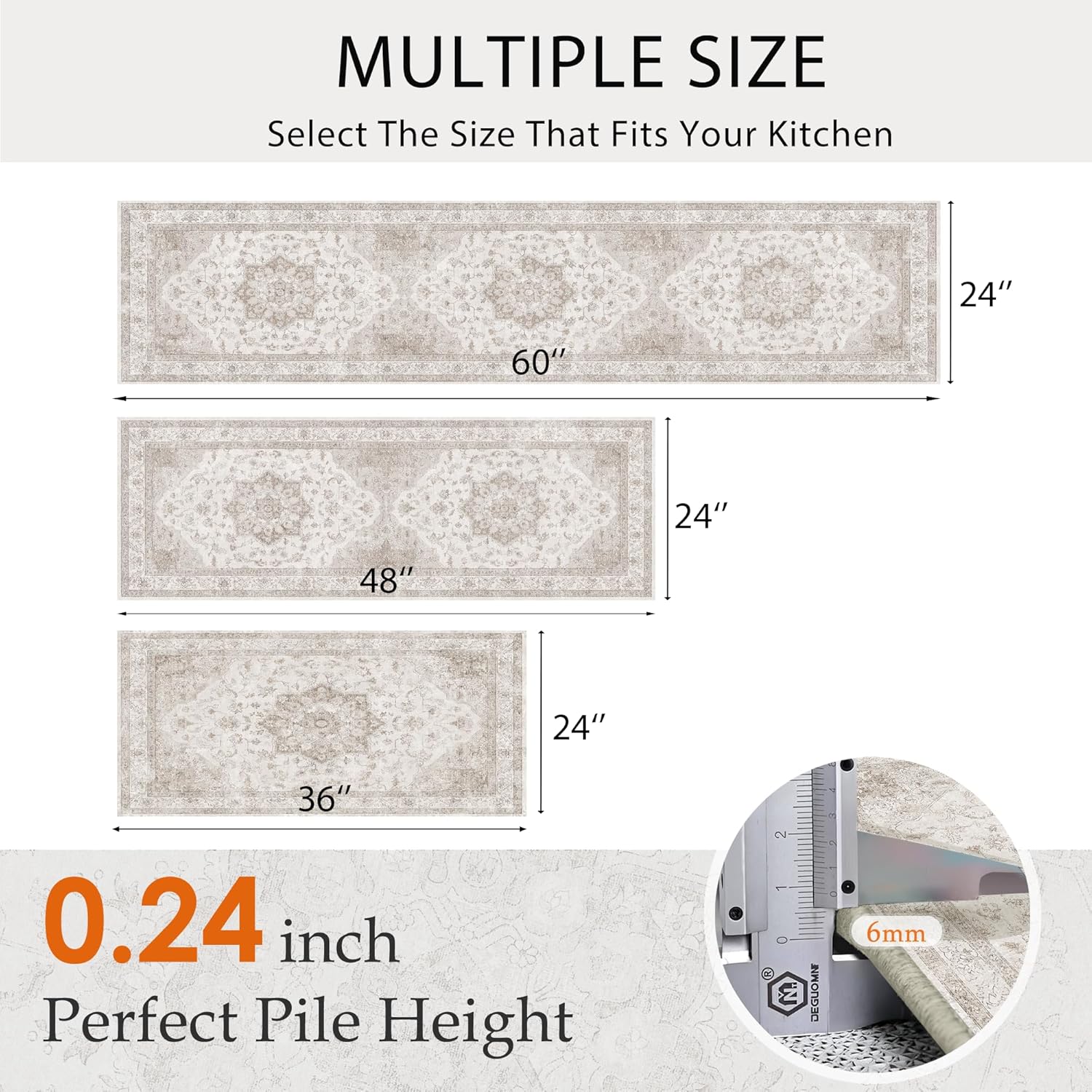 HUGEAR Beige Kitchen Rug Sets 3 Piece 24x36/24x48/24x60 Inch Widen Vintage Oriental Medallion Entryway Washable Kitchen Mats Floor Carpet Non Slip Runner Rugs for Hallway Laundry Sink Bathroom