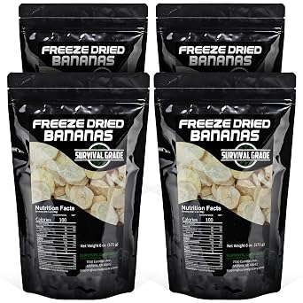 Survival Grocery Freeze Dried Bananas - Gluten-Free, Unsweetened Banana Chips - Vitamin C & Fiber Rich Snack, Long Shelf Life, Natural Freeze Dried Fruit For Oatmeal, Granola, Smoothies, Baking Or On-the-go Snacking 24 oz./4 Bags