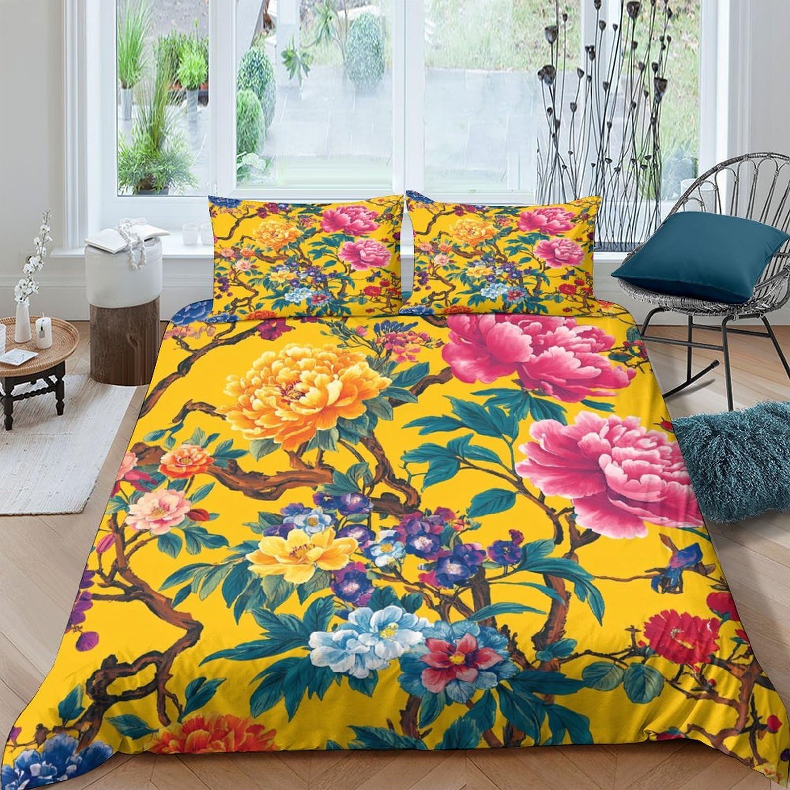 Ctjqhvkz Style-7 3D Printed Peony Floral Fitted Sheet Microfiber Soft Yellow Bloom Mattress Cover Anti-Slip For Bedroom Guest Room Decor Single（135X200cm）