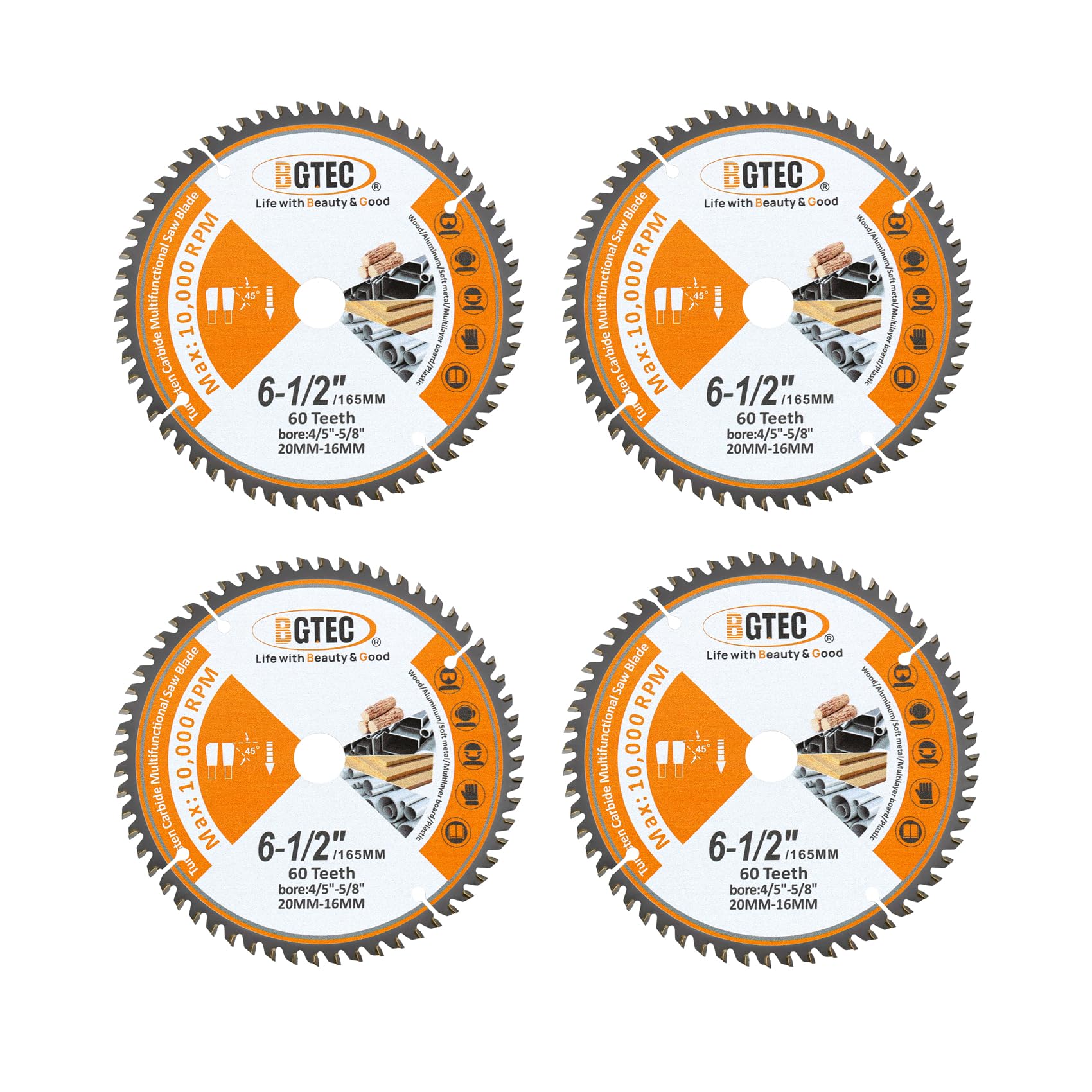 TCT Circular Saw Blade - Carbide Tipped Teeth General Purpose 165MM 60T Cutting Dics with 20MM Arbor for Wood Aluminium Plastic Copper BGTEC, 4 Pack