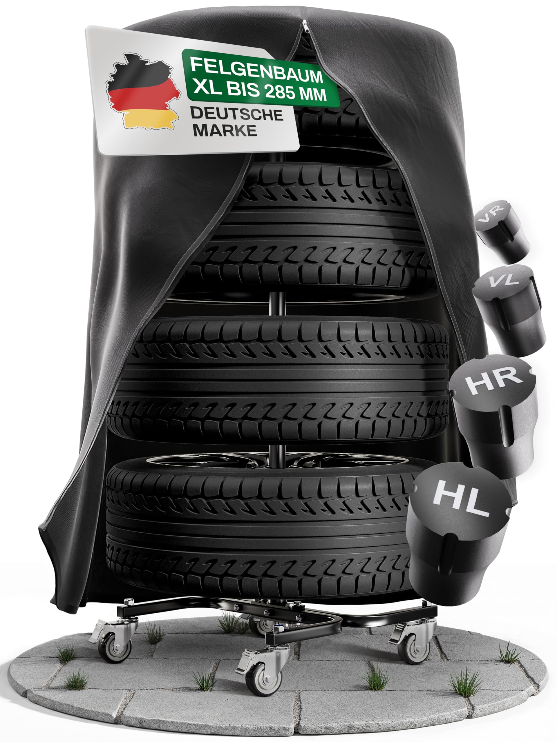 Árbol de llantas XL con funda protectora | Soporte móvil para 4 neumáticos de hasta 285 mm de ancho y 24 pulgadas | almacenamiento estable y que ahorra espacio