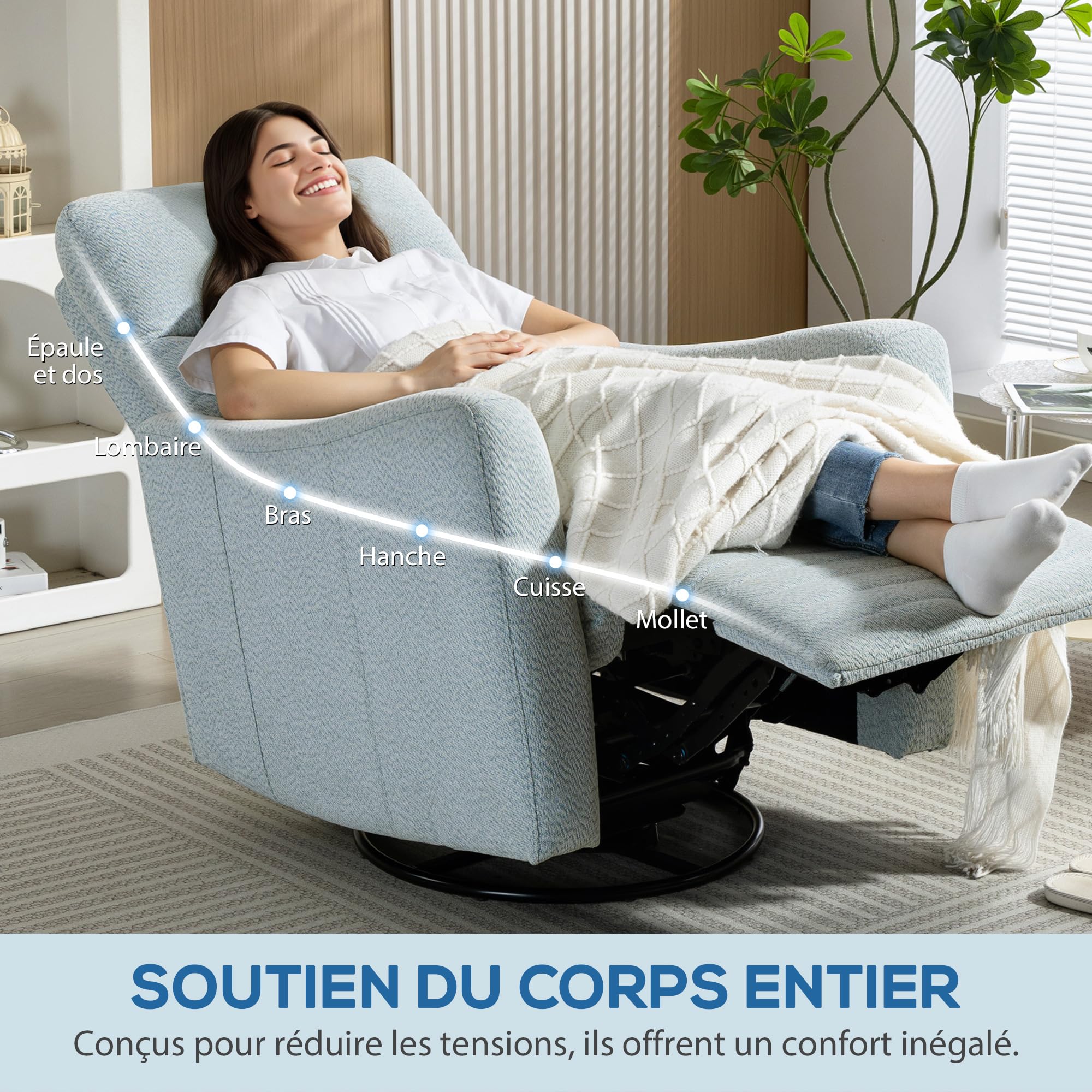 HOMCOM Fauteuil inclinable avec Repose-Pieds, Fauteuil de Relaxation pivotant 360°, basculant, Assise Large, Dossier et accoudoirs rembourrés, Tissu en Lin pour Salon, Bureau, Home cinéma, Gris-Bleu