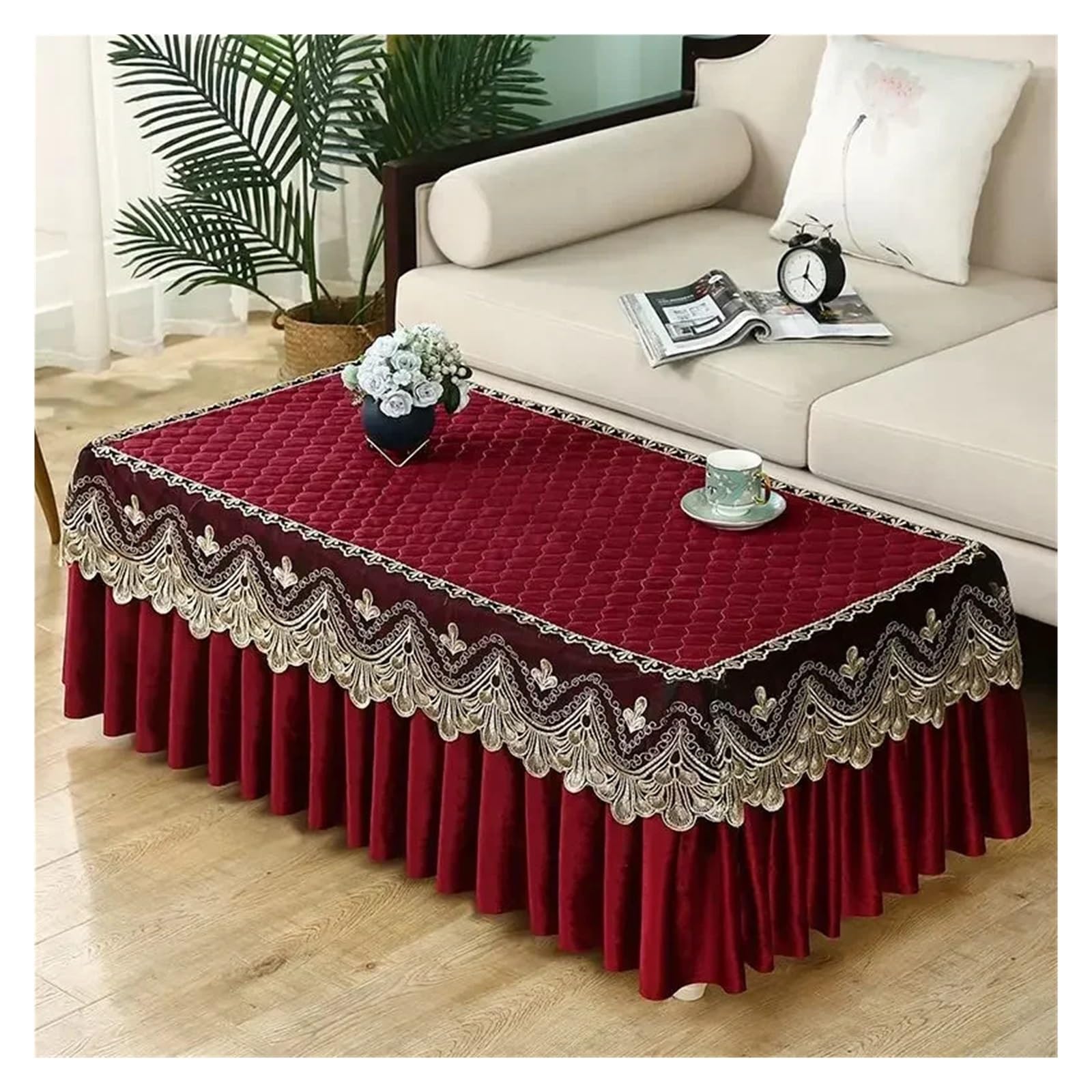 FJOADNVM Velvet tablecloth Thickened Anti Slip Velvet Tabletop Cover Embroidered Lace Edge Pleated Hem Tablecloth Tea Table Home Rectangular Dust
