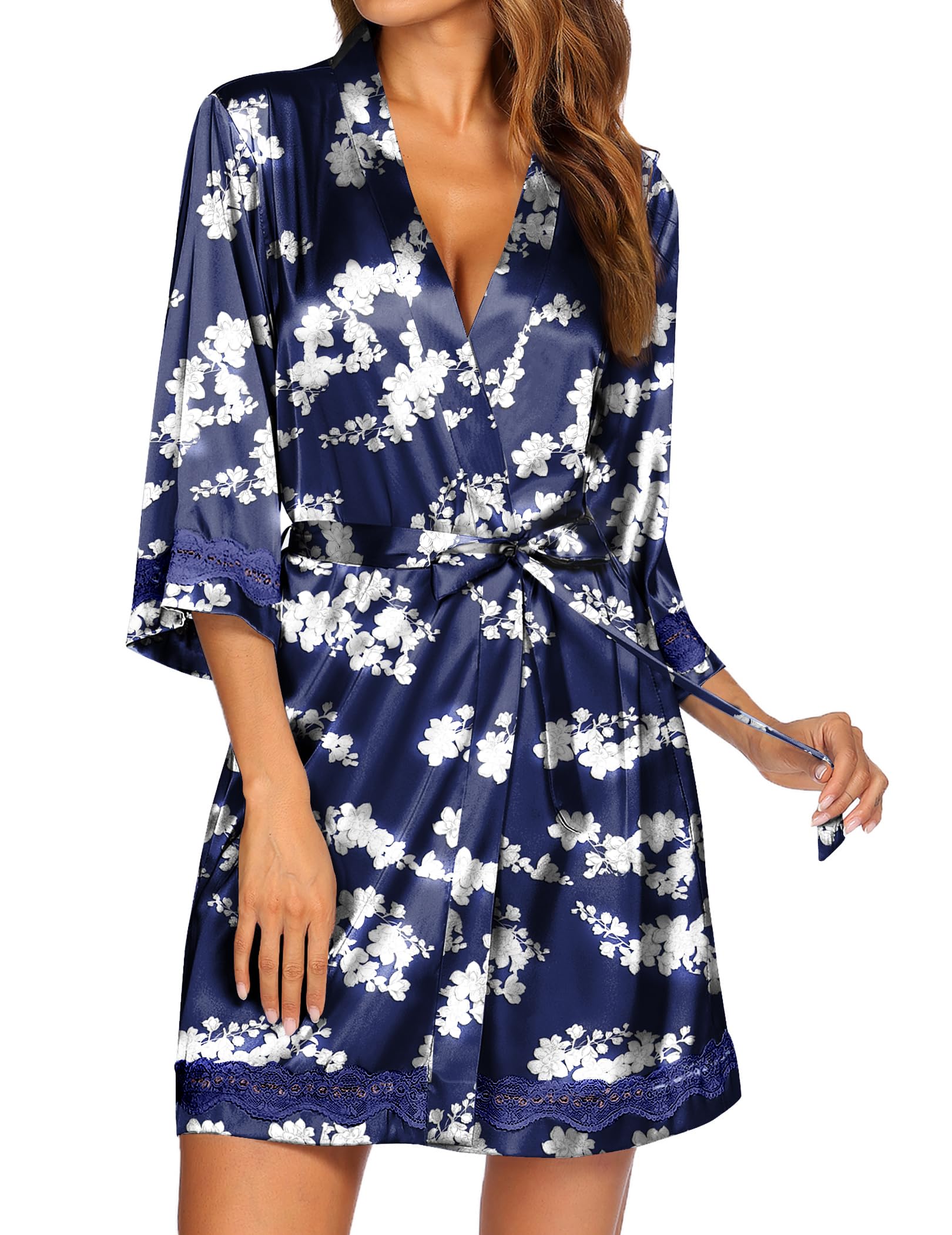 Ekouaer Women's Lace-Trim Silk Robes Bride Bridesmaid Kimono Satin Bathrobe V Neck Sleepwear with 3/4 Sleeve
