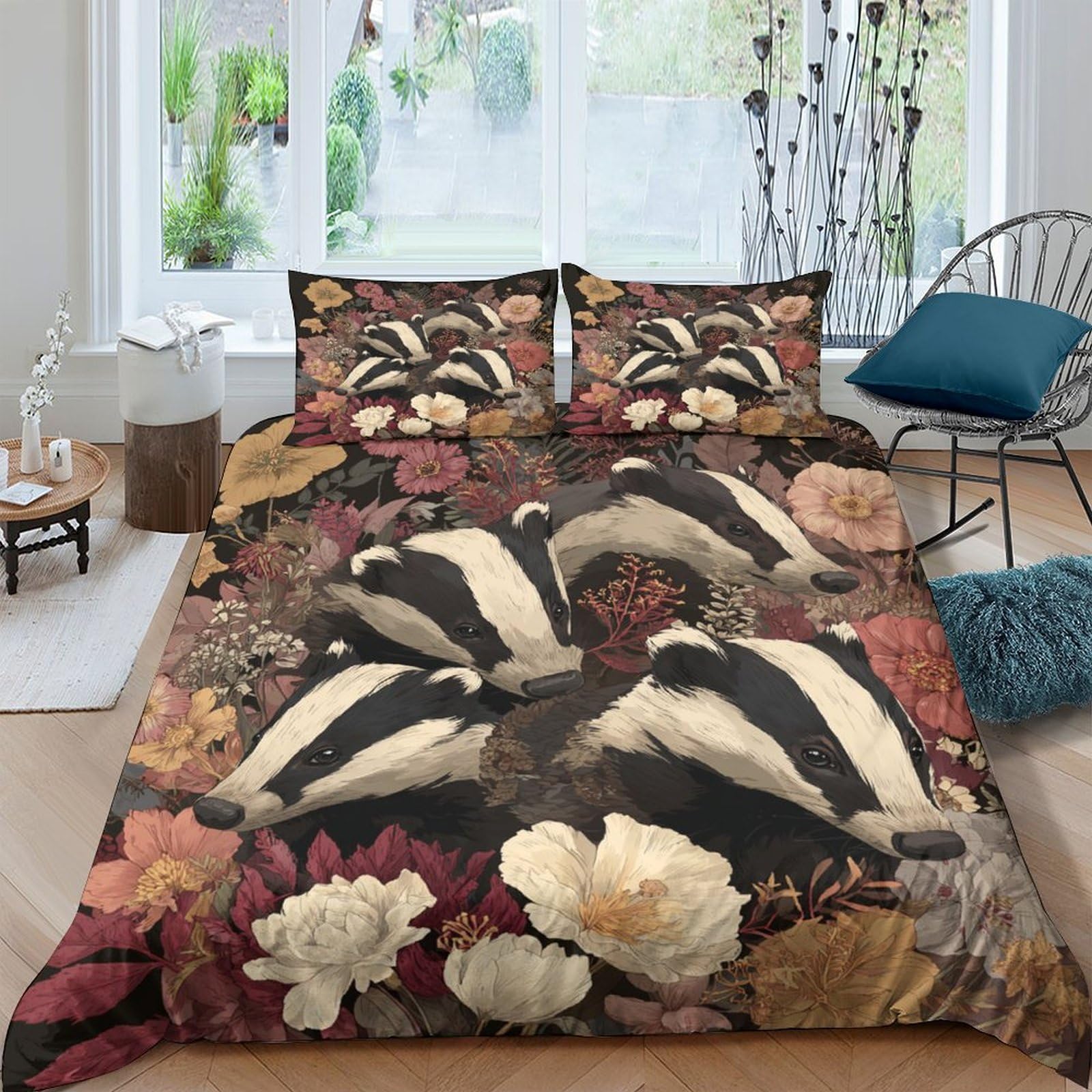 Ctjqhvkz Style-9 3D Printed Badger Floral Fitted Sheet Microfiber Soft Mattress Cover For Bedroom Guest Room Rental Decor Single（135X200cm）