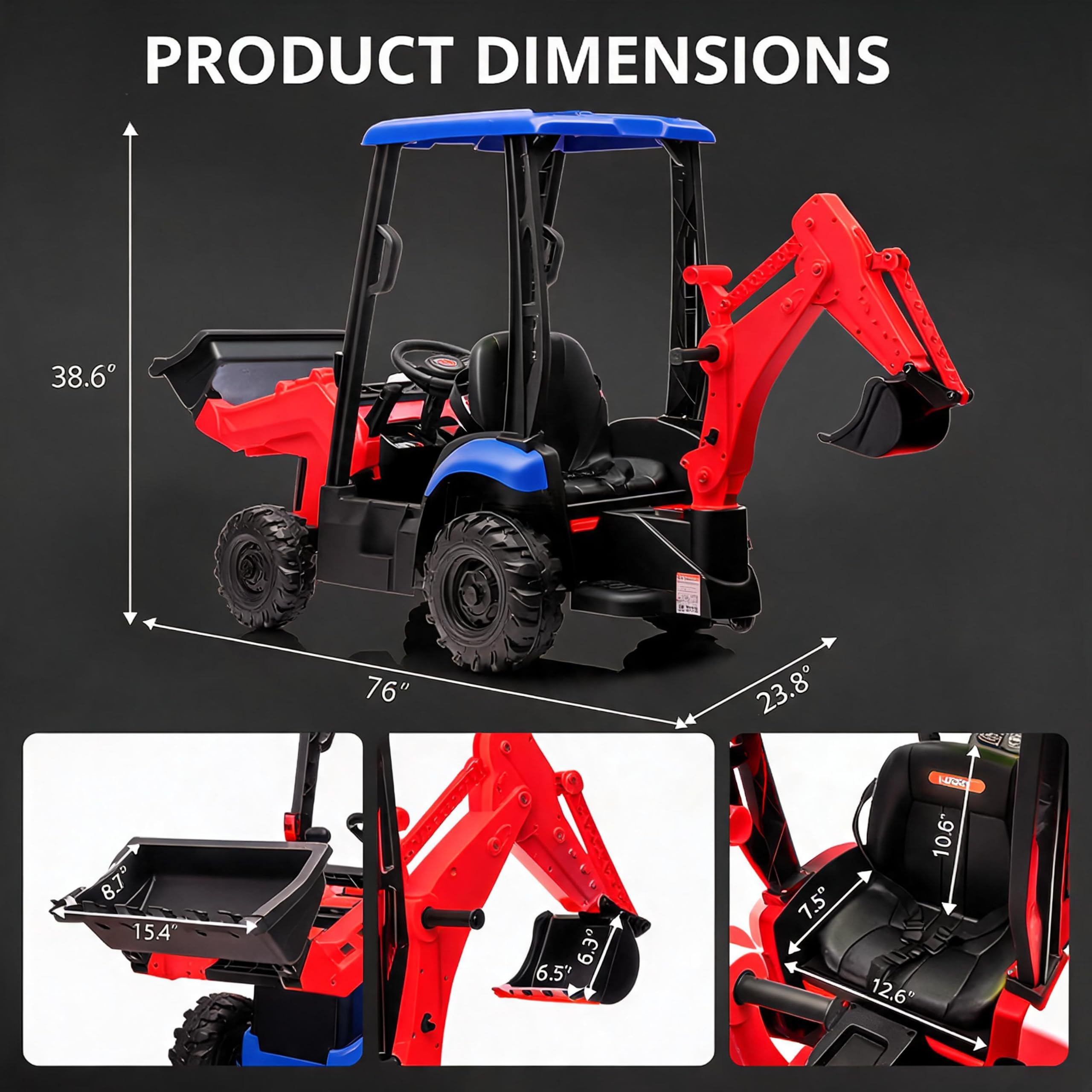 12V Elektro-Traktor für Kinder mit mechanischer Schaufel, Kinder-Traktor mit verstellbarem Arm, Ferngesteuerter Bagger mit abnehmbarem Dach, 2–4 km/h, für Kinder ab 3 Jahren, Rot und Blau