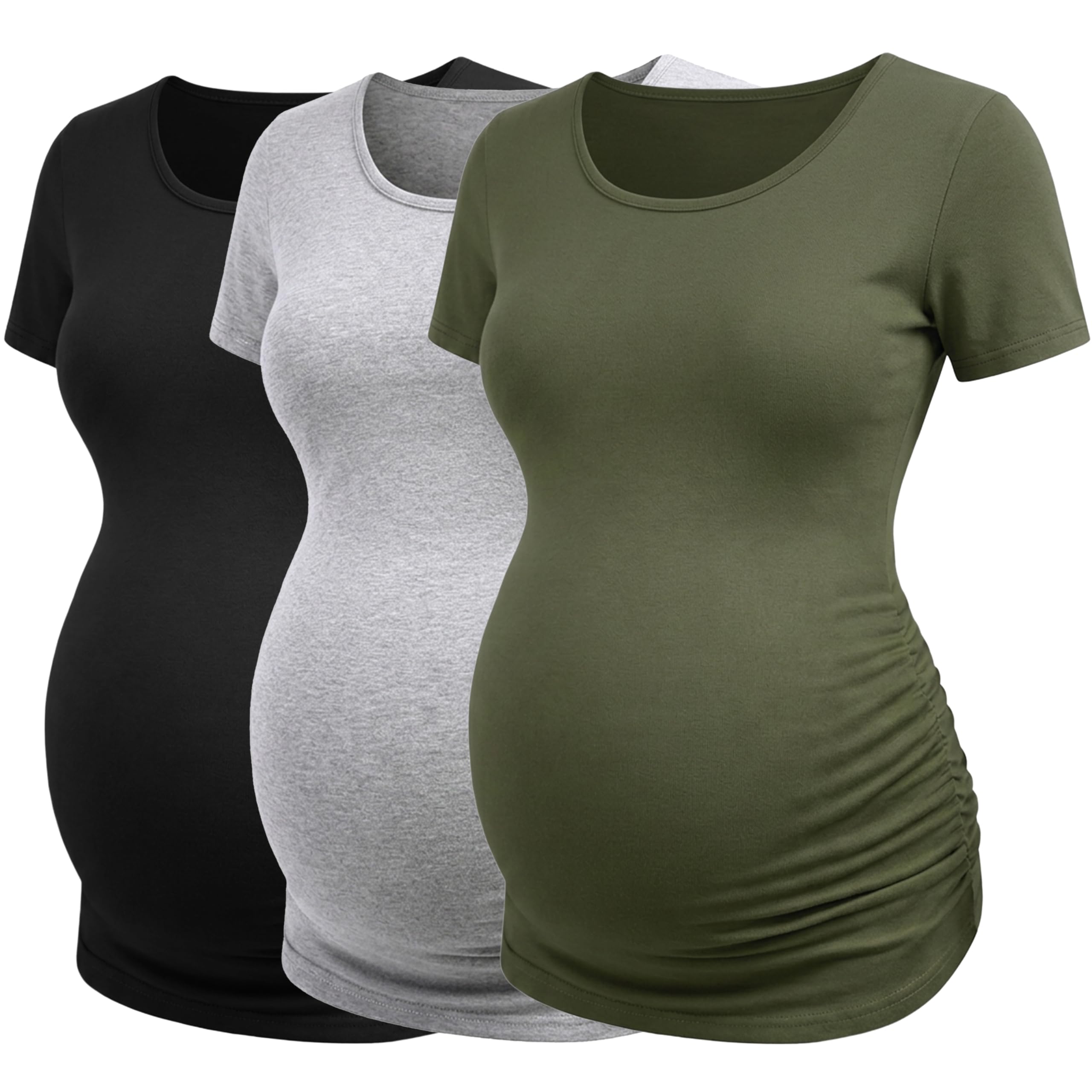 Love2Mi 3er Pack Damen Umstandsshirt Kurzarm Umstandsbluse mit Seitlicher Raffung Umstandsmode Sommer