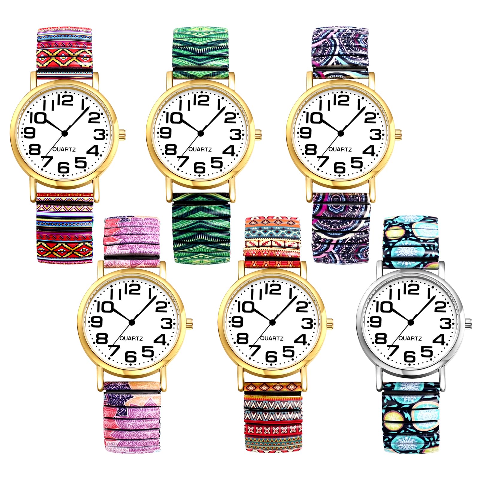 JewelryWe Zegarek damski w stylu boho elastyczny zegarek: 6 sztuk w stylu boho, kolorowe wzory, analogowy, kwarcowy, zegarek na rękę, stal nierdzewna, rozciągliwa bransoletka dla seniorów, zegarek z
