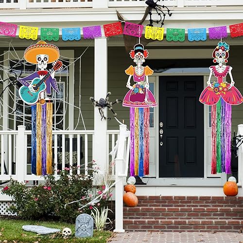 Miniatura 7 de TaoBary Juego de 15 decoraciones del Día de los Muertos de 34 pulgadas, decoración colgante de calavera de azúcar de 16.4 pies, pancartas de papel