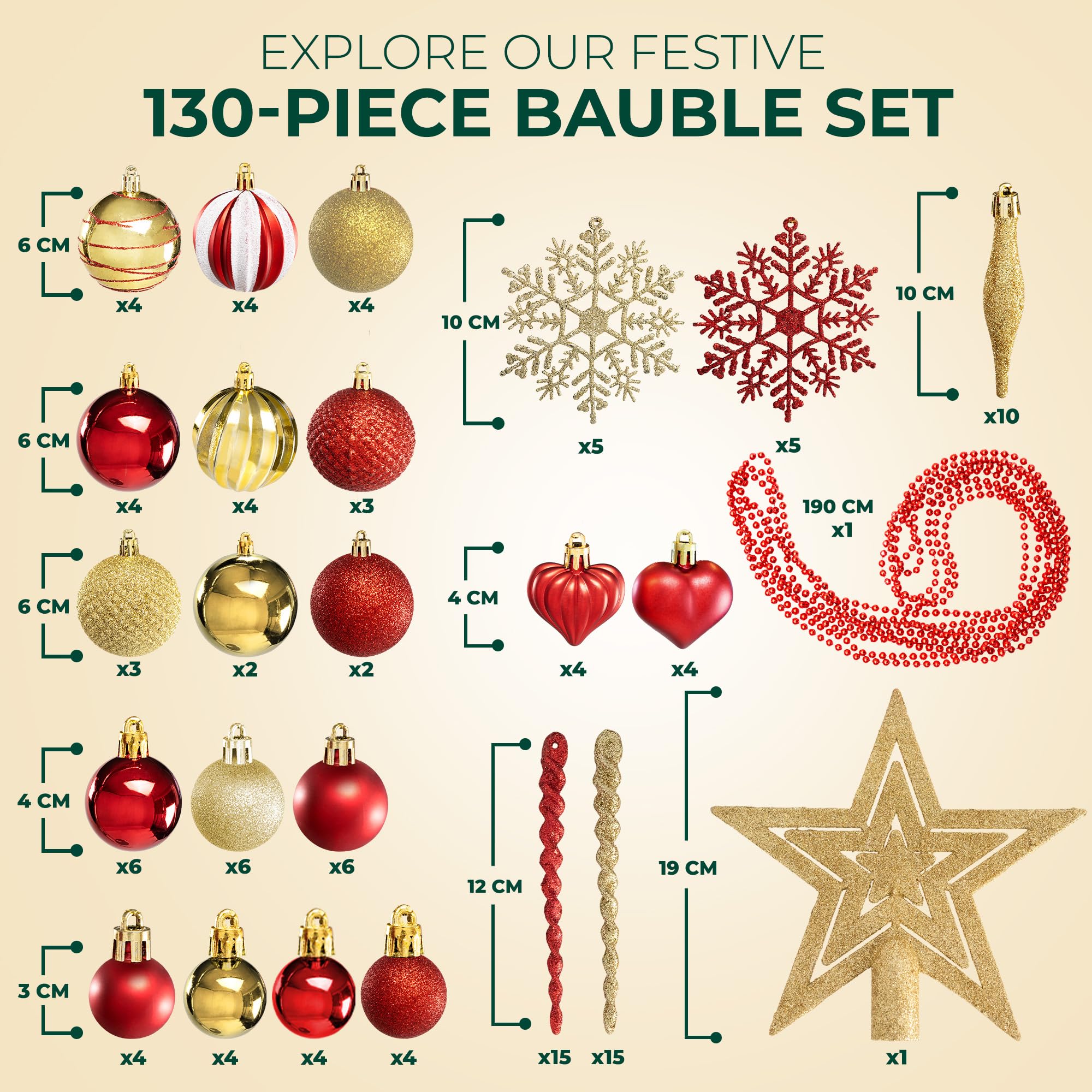 Festive Fix Set di 130 palline di Natale, decorazioni rosse e dorate con puntale per albero, fiocchi di neve, glitter, opachi e design unici, set completo di decorazioni per albero di Natale per