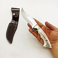 Vista 5 de Yatagan Cuchillo de caza con mango de cuerno de ciervo con funda, hoja de espiga completa de 10.23 pulgadas, cuchillo Bowie de cuernos de alce