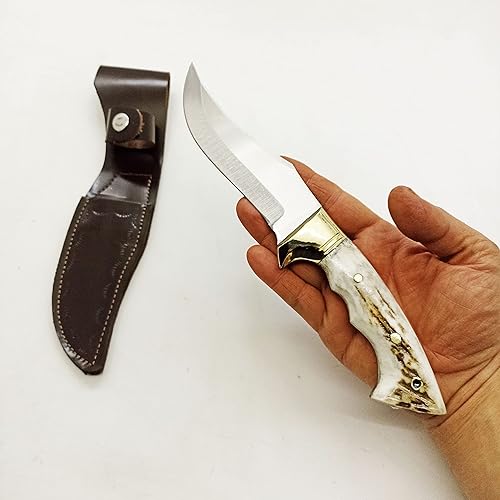 Miniatura 5 de Cuchillo de caza con mango de cuerno de ciervo con vaina, cuchillo de hoja de espiga completa de 10.23 pulgadas, cuchillo de alce, cuchillo táctico