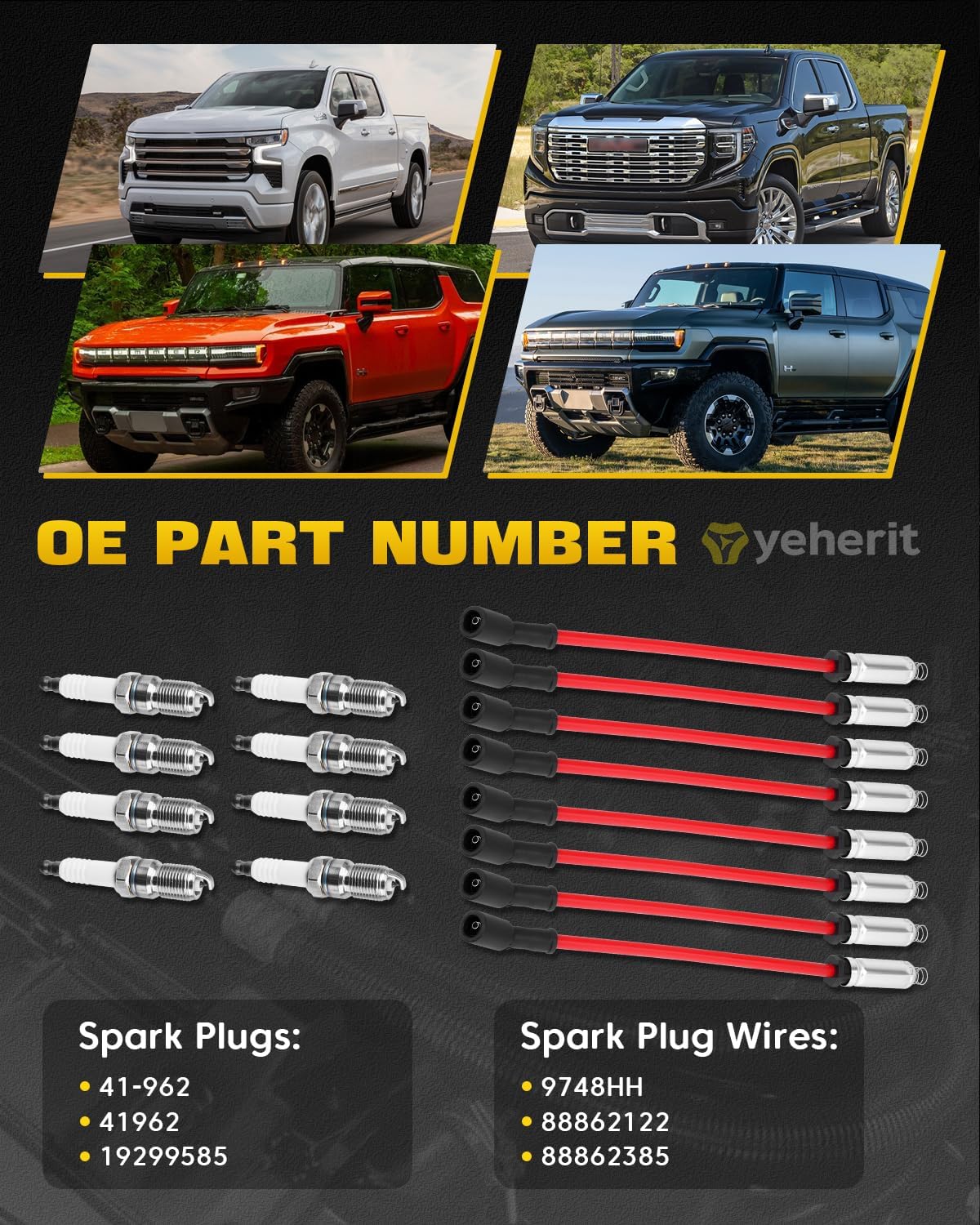 41-962 Spark Plugs & 9748HH Spark Plug Wires Compatible with Chevy Avalanche Silverado 1500 Suburban Tahoe, GMC Sierra 1500 Yukon, Cadillac Escalade, Hummer H2 5.3L 6.0L V8, Replace# 88862122 19299585