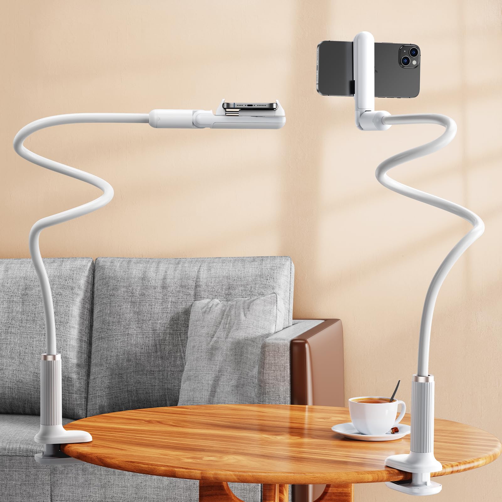 Supporto per cellulare a collo di cigno per letto, supporto flessibile per cellulare, a braccio lungo, con mini morsetto girevole a 360°, compatibile con dispositivi da 4,7 a 6,8" (braccio