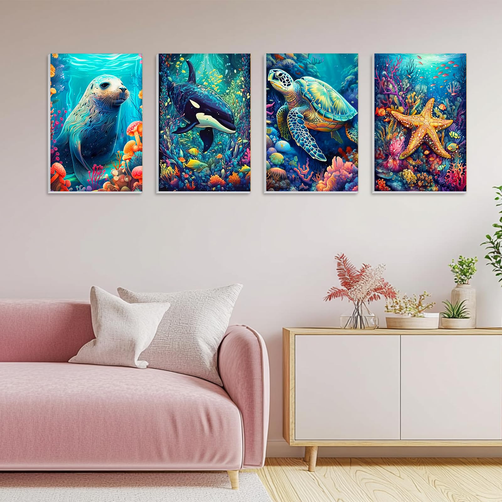NAIMOER 4 Pezzi Animale Marino Dipingere con i Numeri Adulti Bambini con Cornice Detentore, Tartarughe Marine Squali Paint by Numbers Decorazione Regalo 20x30cm