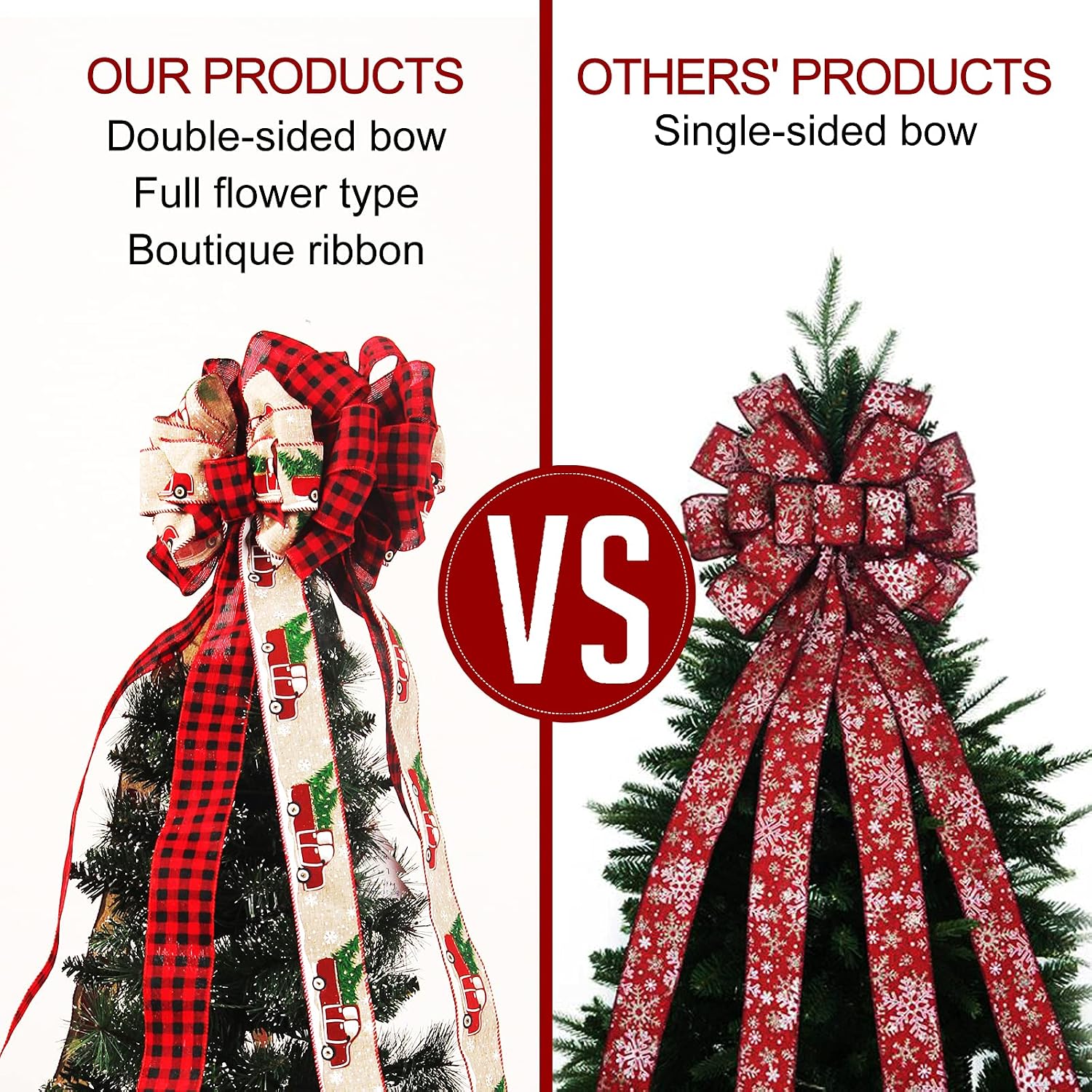 Christmas Tree Topper, 13x48 Inch Christmas Tree Topper Bow Large Red Buffalo Plaid Decorative Bow with Red Truck Farmhouse Handmade for Christmas Tree Wreath Festival Holiday Party Home Decoration