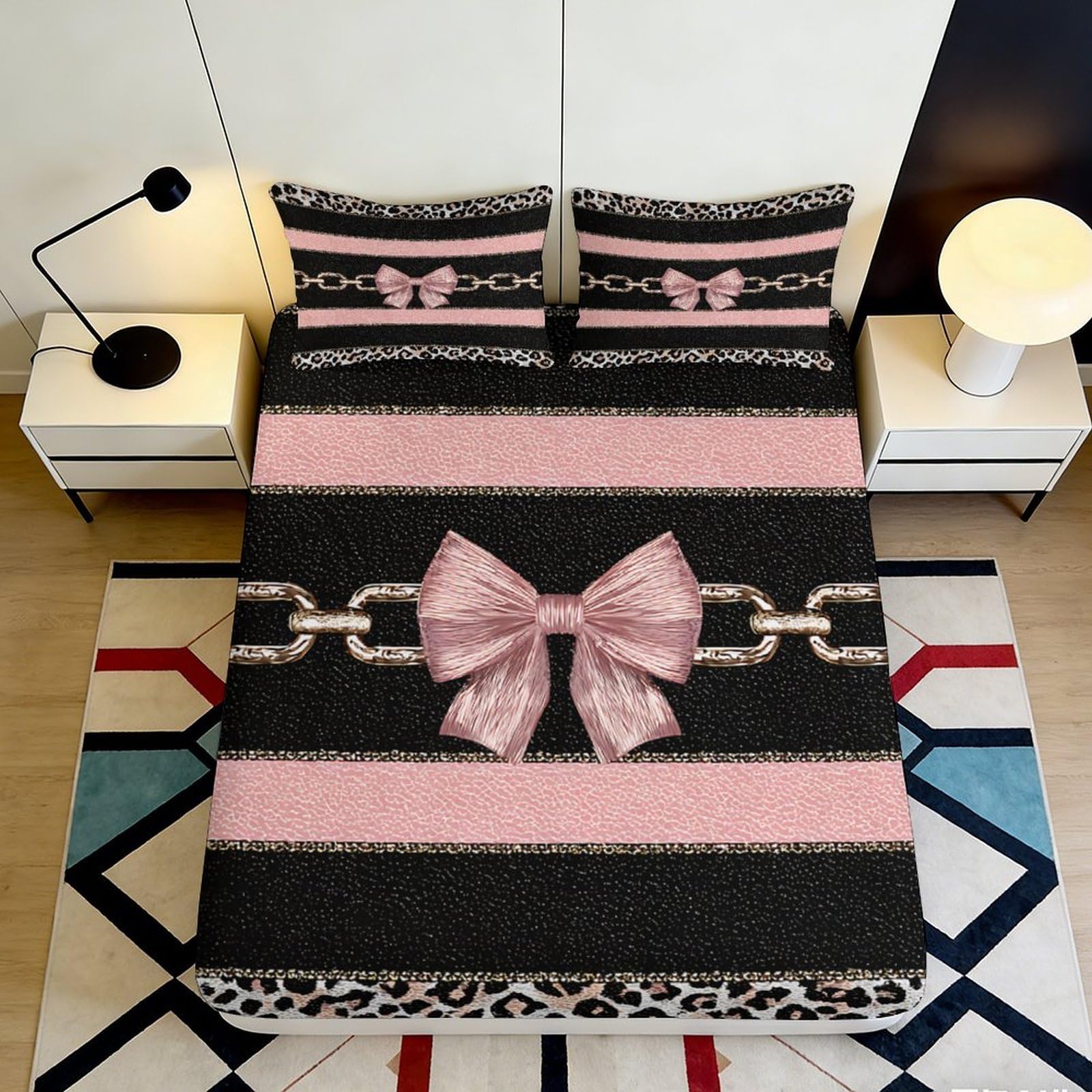 3D Printed Pink Bow Pattern Fitted Sheet Microfiber Soft Breathable Leopard Striped Bed Cover for Bedroom Dormitory Guest Room Mattress Protection 200x200x25cm
